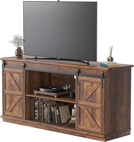 Miniatura 8 de JUMMICO Soporte de TV para TV de 65 pulgadas, centro de entretenimiento con armarios de almacenamiento y puertas corredizas de granero, consola de