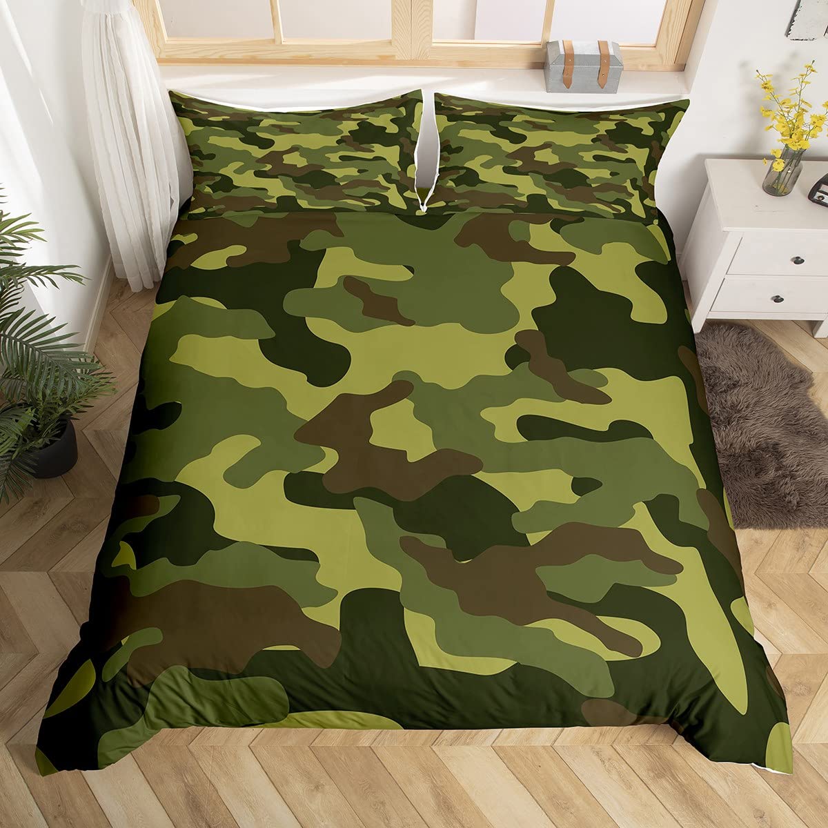 Manfei Green Camo Duvet Cover Set Single Size, Army Camouflage Comforter Cover with 1 Pillowcase
