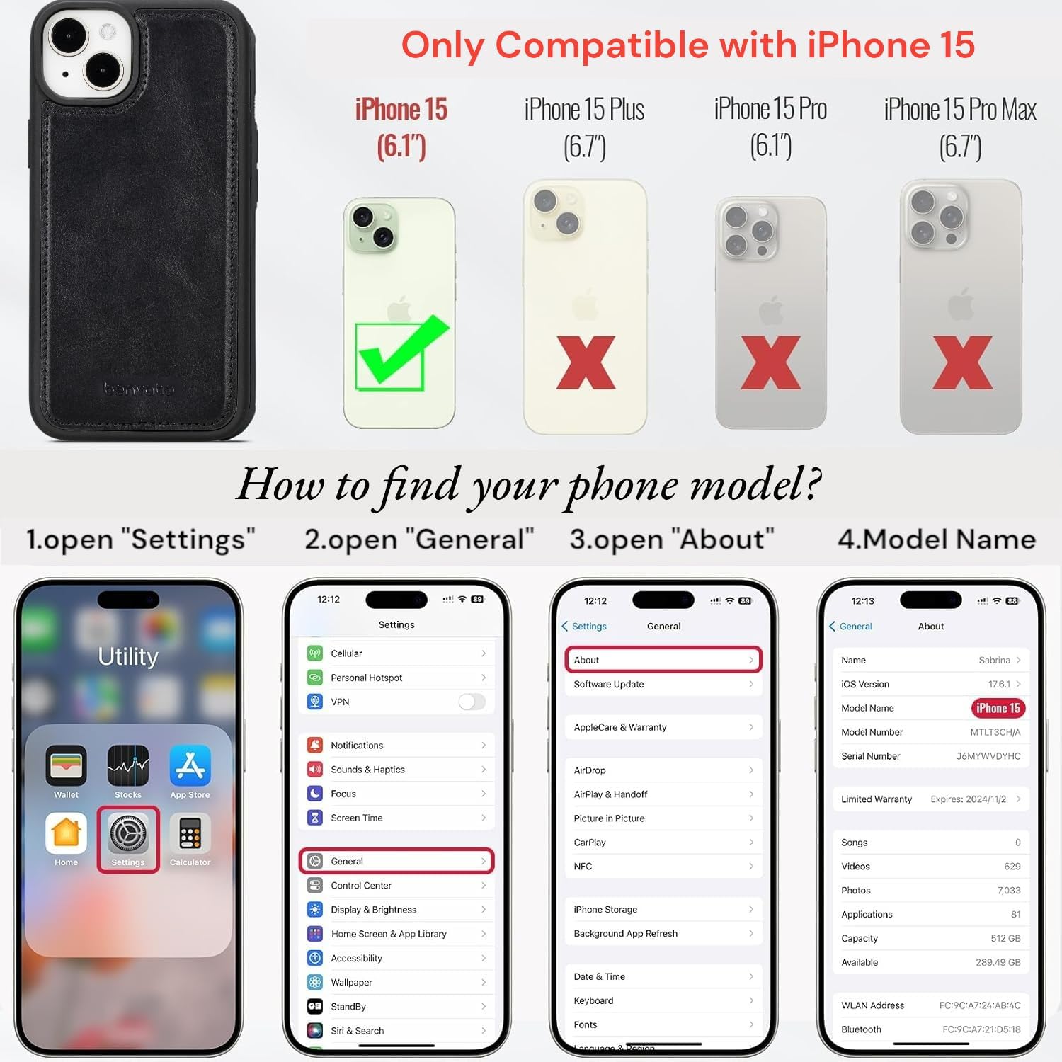 Leather Wallet Case for iPhone 15 6.1" Magsafe Compatible, Detachable Magnetic Flip Cover, Shock Absorbent, Handcrafted Genuine Leather 2 in 1 Wallet, Card Holder, Black