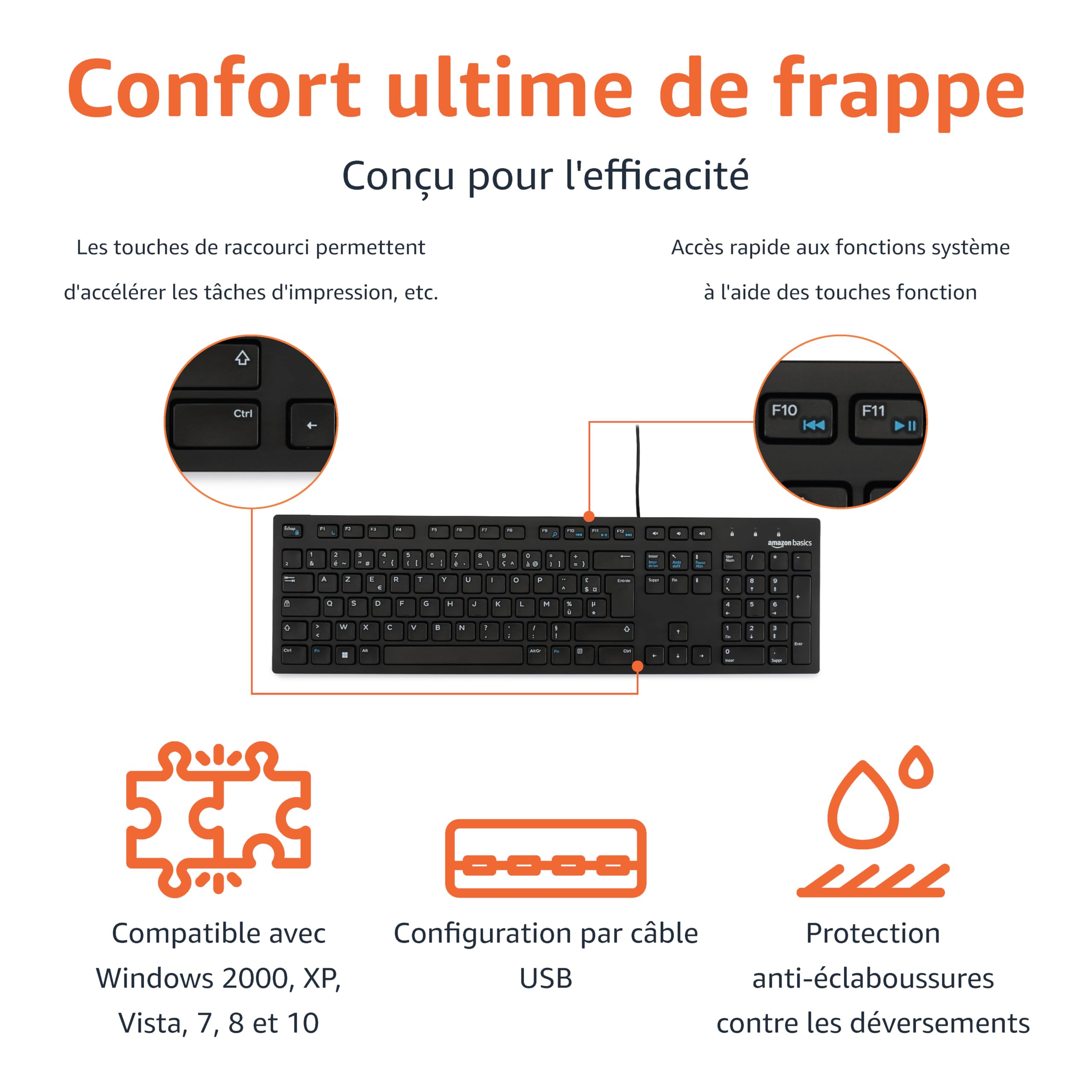 Amazon Basics Clavier USB filaire discret disposition française noir mat