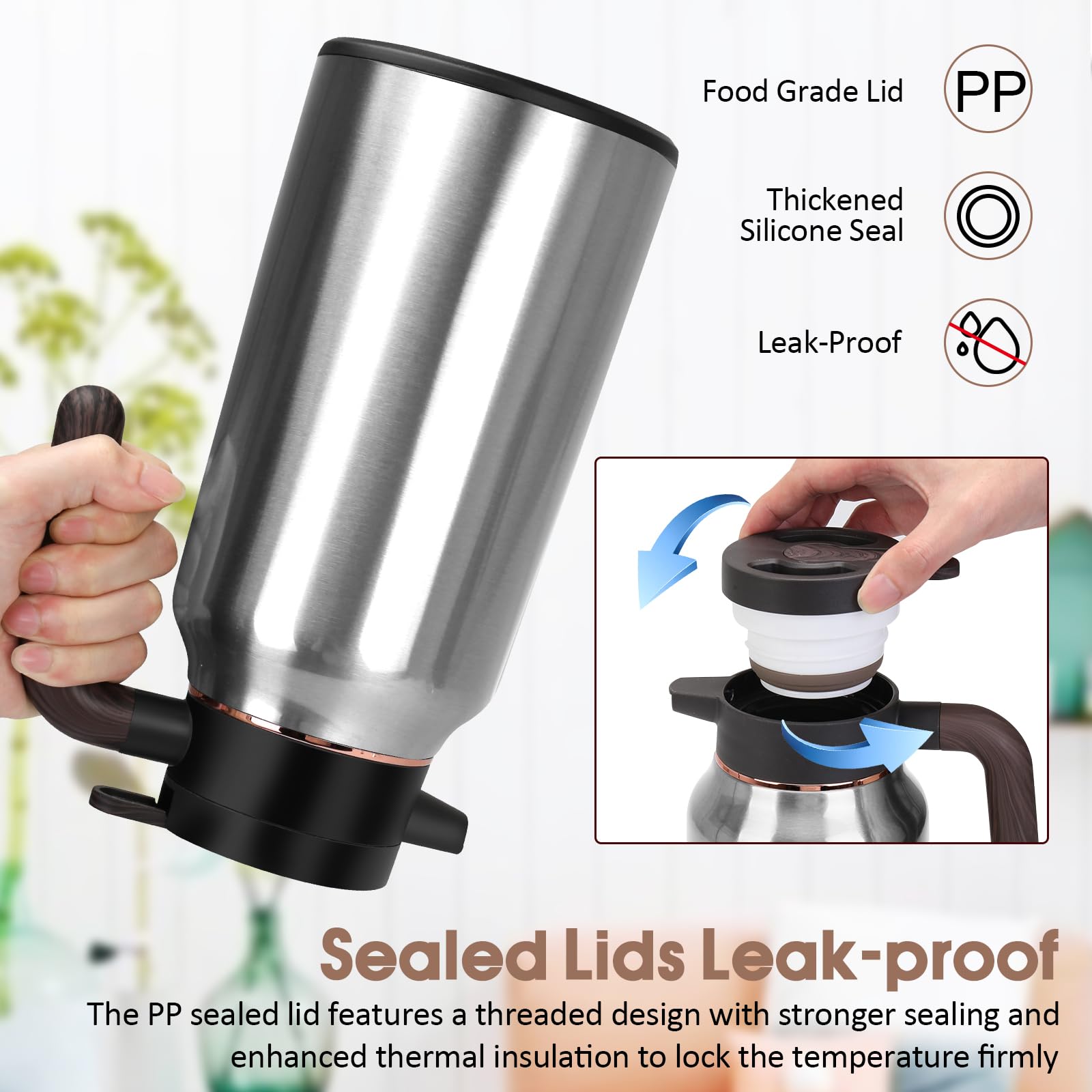 Jarra térmica de café de 68 onzas, jarras de acero inoxidable para líquidos calientes 36 horas, jarras de café aisladas para mantener el café caliente, agua caliente, té, bebidas calientes (plata)