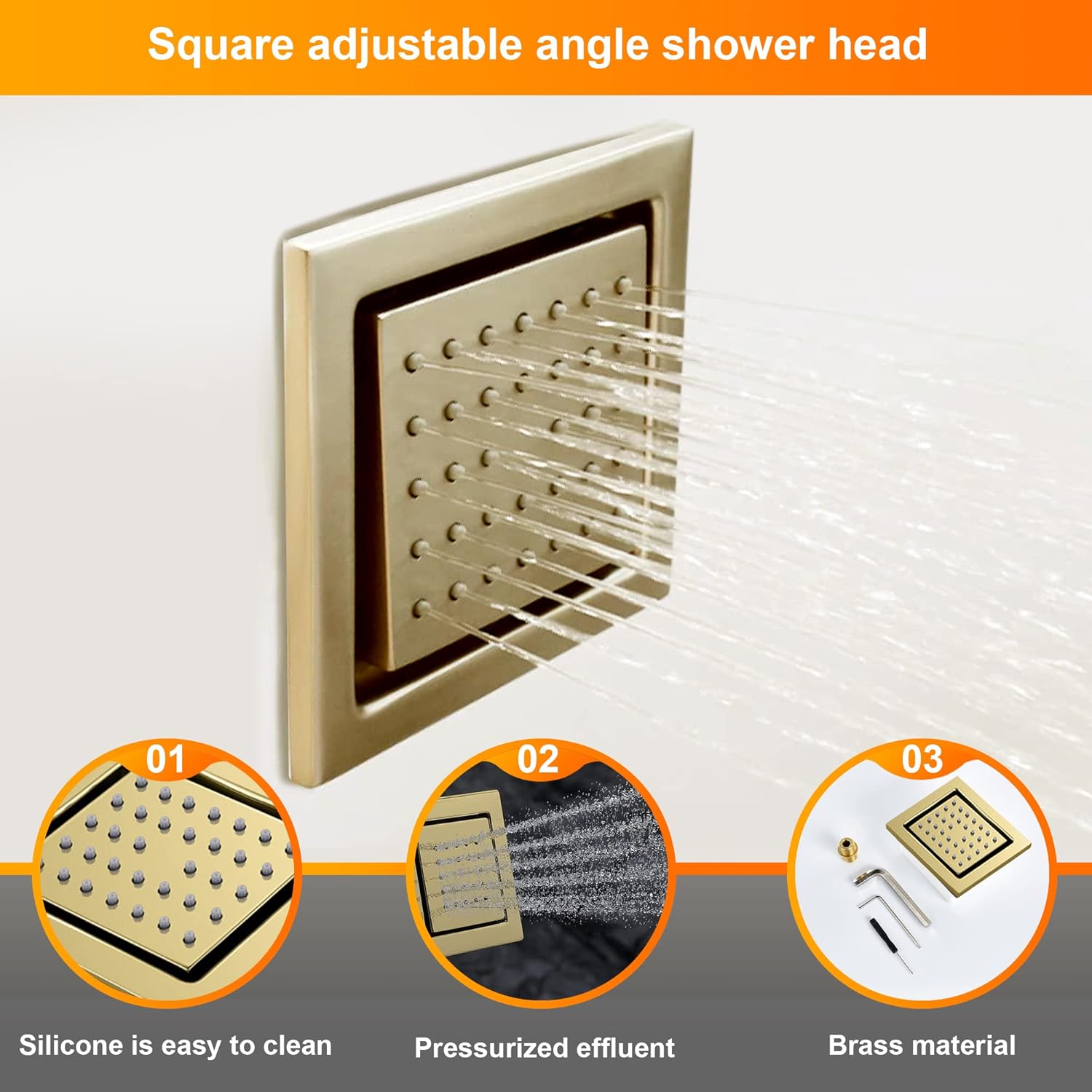 Cascada Luxury 16” Square LED Music shower system with built-in Bluetooth Speakers, 4 function (Rainfall, Waterfall, Body jet & Handshower)(Polished Gold)