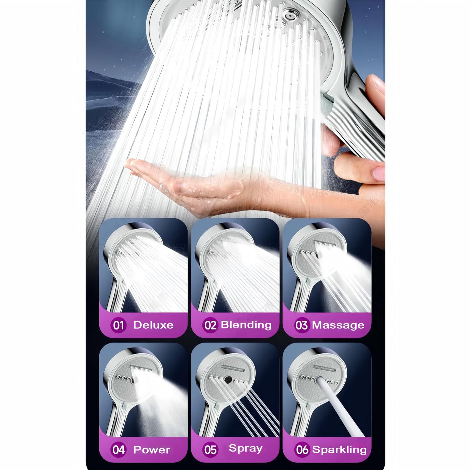Soffione doccia con filtro dell'acqua dura con tubo flessibile da 1,5 m, soffione doccia ad alta pressione a 6 modalità con cartuccia in acciaio inossidabile