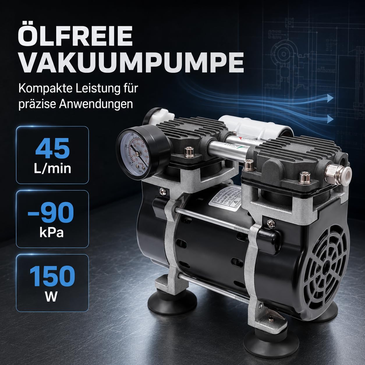 öLfreie Vakuumpumpe, 150W Industrielle Labor Vakuumpumpe 1450Rpm Airbrush Kompressor Niedriger Rausch, Unterdruckpumpe Geeignet für Medizinische Maschinen, Laboratorien