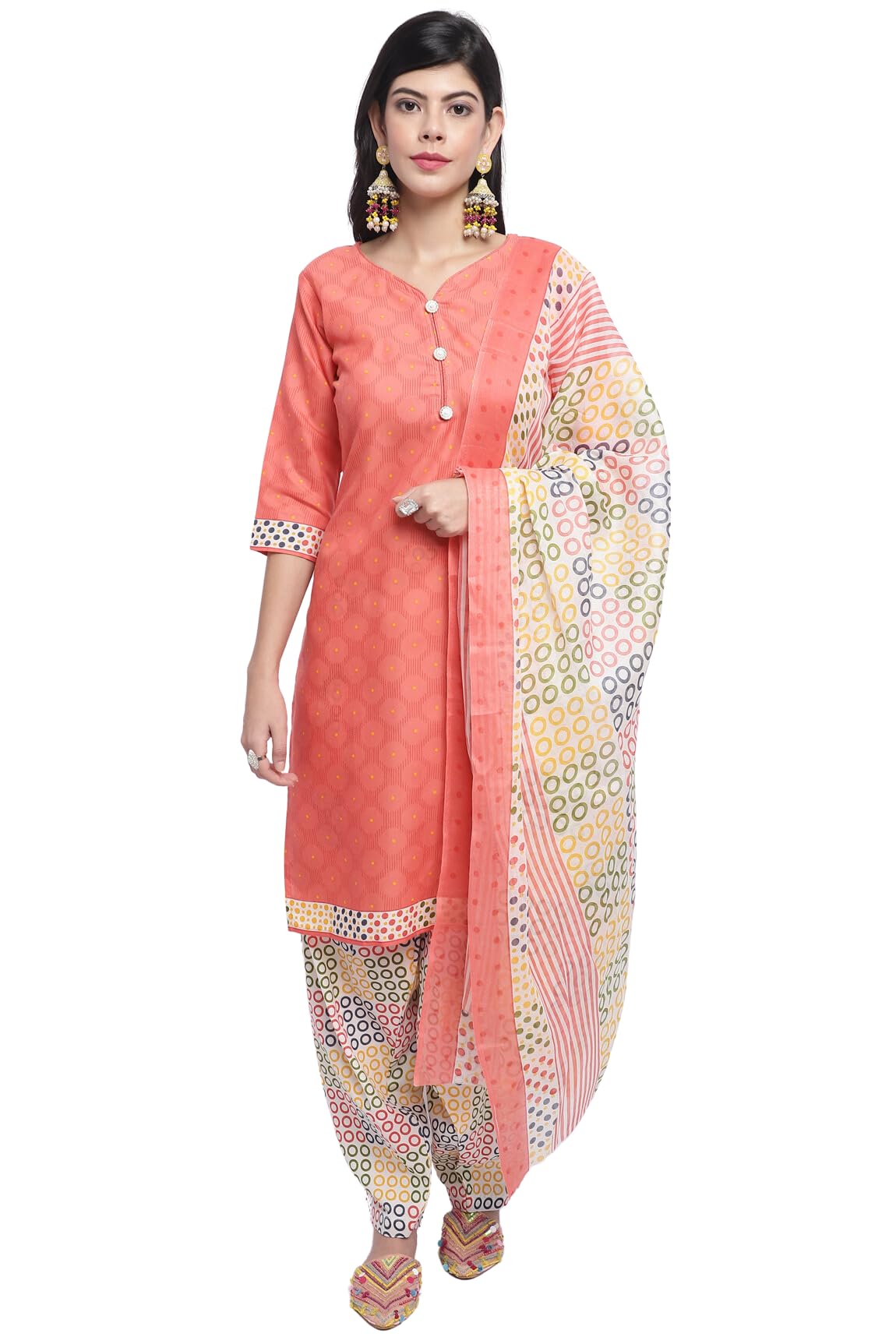 Monira Peach Cotton Printed Readymade Patiala Salwar Suit (Ready to Wear-MONRW4250-P)