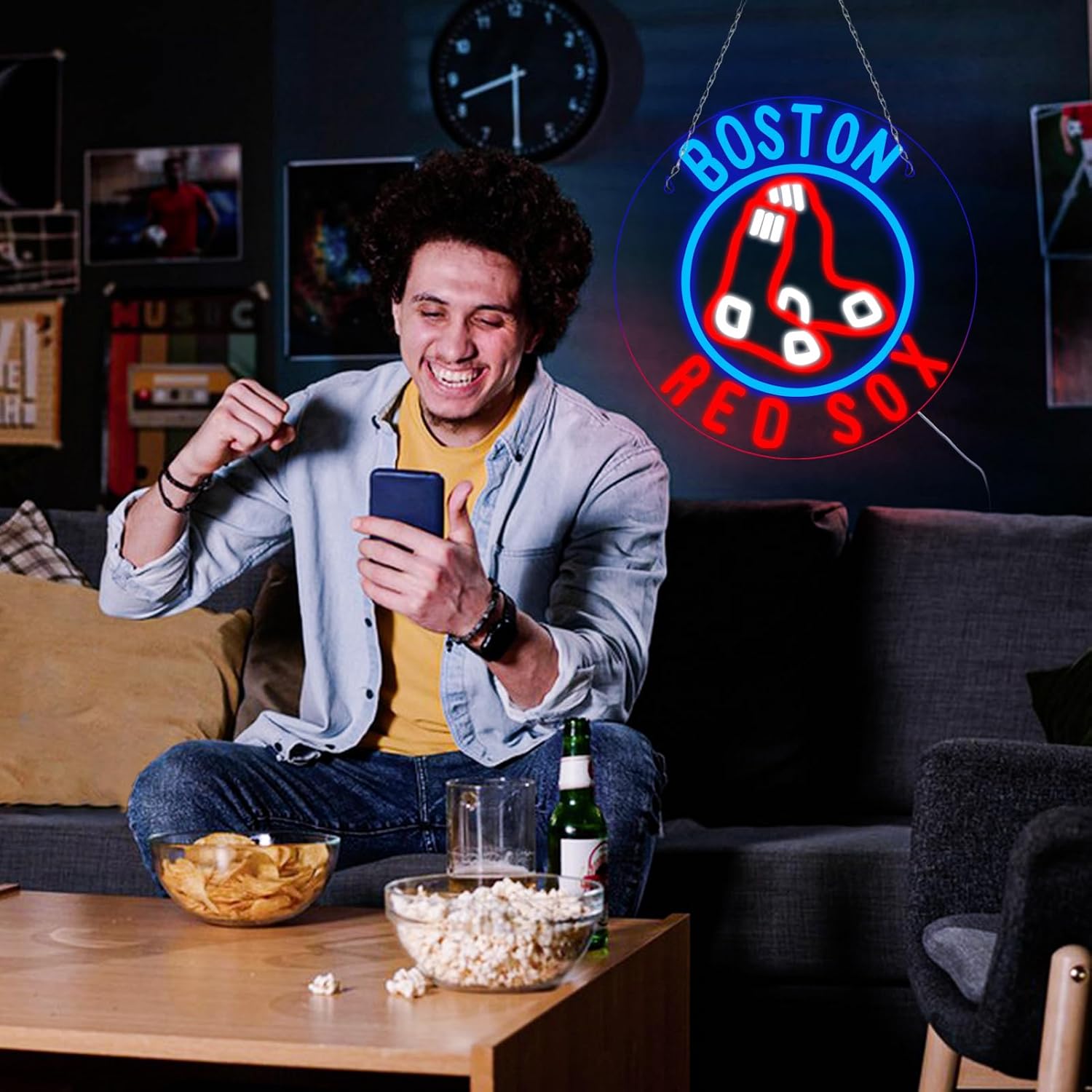 WonderfulLife Red Sox Neon Sign for Boston Baseball Team Logo,Led Neon Lights for Sports Man Cave Bar Office or Living Room Decor,Perfect Gifts for MLB Fans.