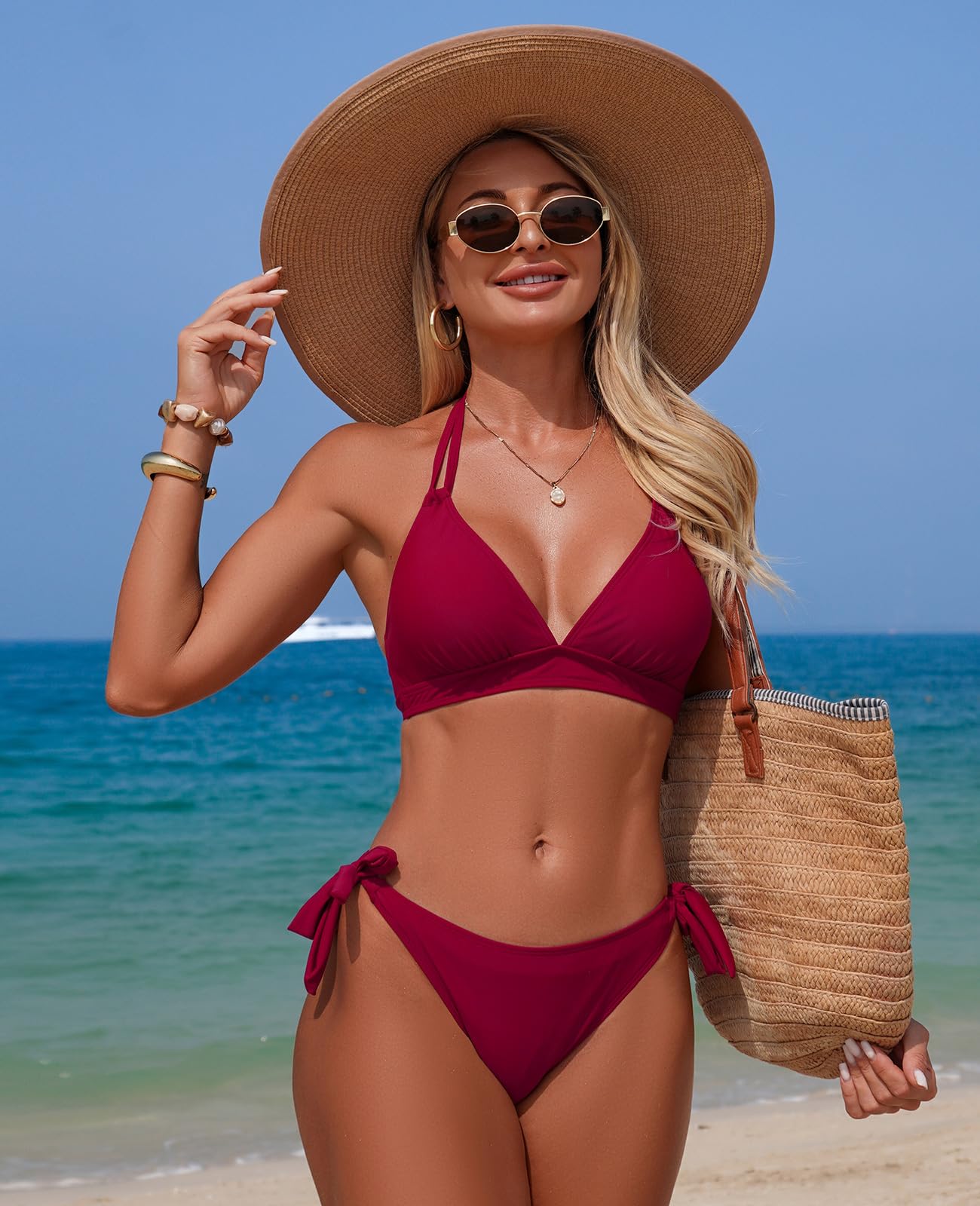 Genfien Maillots de Bain 2 Pièces Col V Bikini Halter Ties Up Taille Basse | Push Up,Ensembles Deux Pièces,Sexy,Beachwear,Élégant,Vintage,Swimsuit,Brésilien