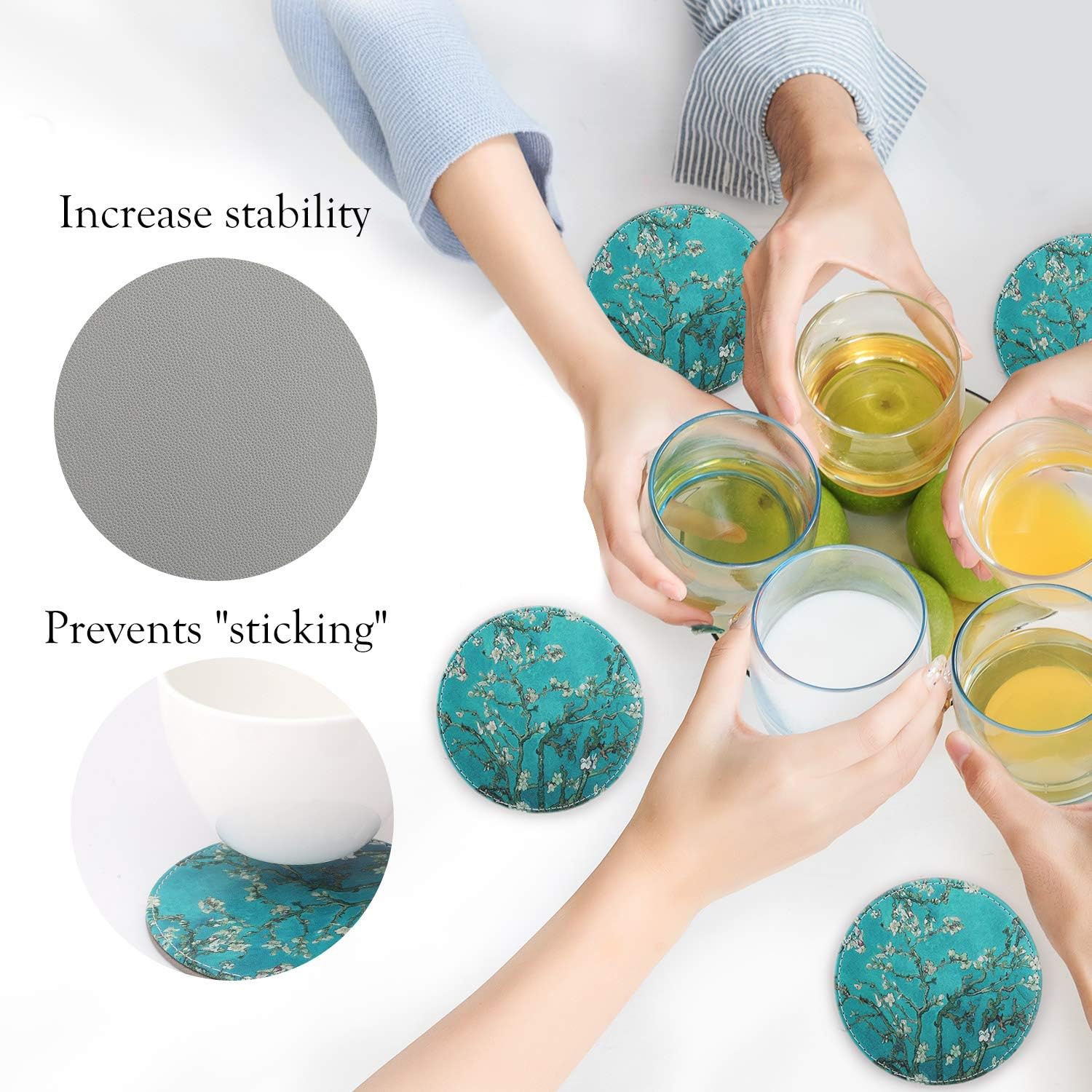 Blасk Frіdау 🔥 Nuovoware Coasters, [6-PACK] Premium PU Leather Coasters, Drink Round Coasters with Holder Sets, Protect Your Furniture from Stains, Water Marks, Scratch, Almond Blossom