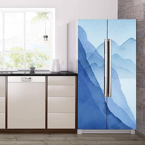 Miniatura 3 de Juego de envolturas de vinilo autoadhesivas para refrigerador, arreglos abstractos, paisajes, montañas, paisajes, vistas, mural de puerta azul,