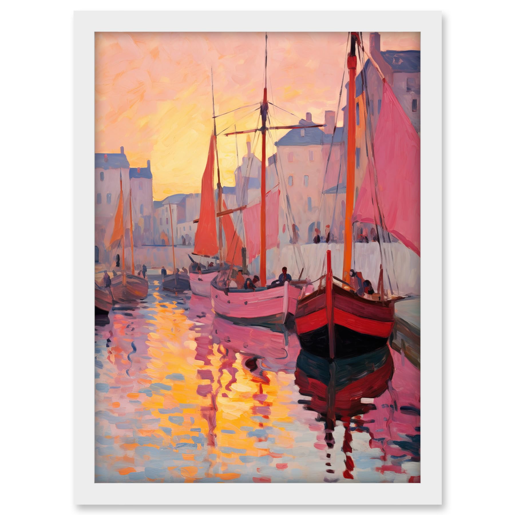 Artery8 Sailboats Reflecting in Harbour Water Pink Orange Sunset Oil Painting Anchoring by Promenade Artwork Framed A3 Wall Art Print
