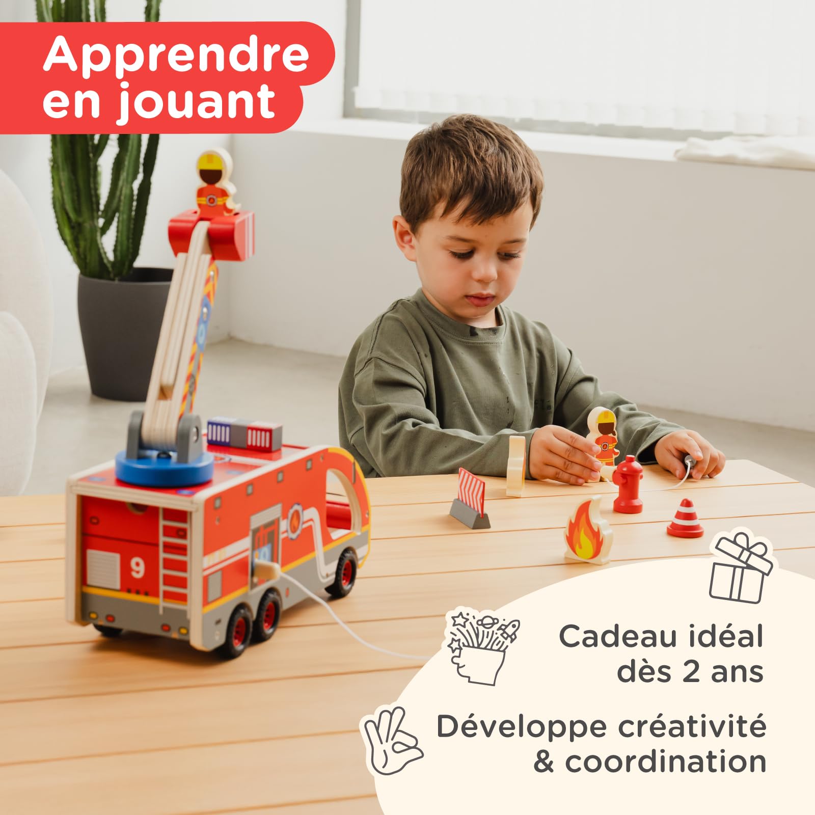 Nene Toys Camion de Pompiers en Bois – Jouet Éducatif Magnétique pour Enfants dès 2 Ans – Échelle Rotative 360°, Tuyaux Magnétiques, Hydrant, Pompiers & Dalmatien – Jouet Montessori FSC Cadeau