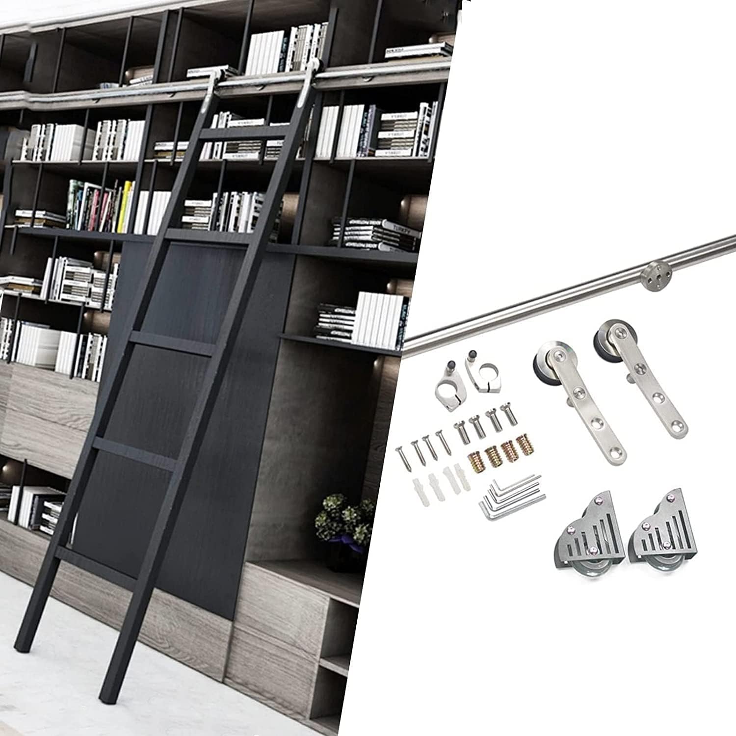 Rolling Library Sliding Ladder Hardware Kit - Sliding Barn Door Track Hardware Accessories, for Home/Indoor/Loft, with Floor Roller Wheels(No Ladder), Stainless Steel Material