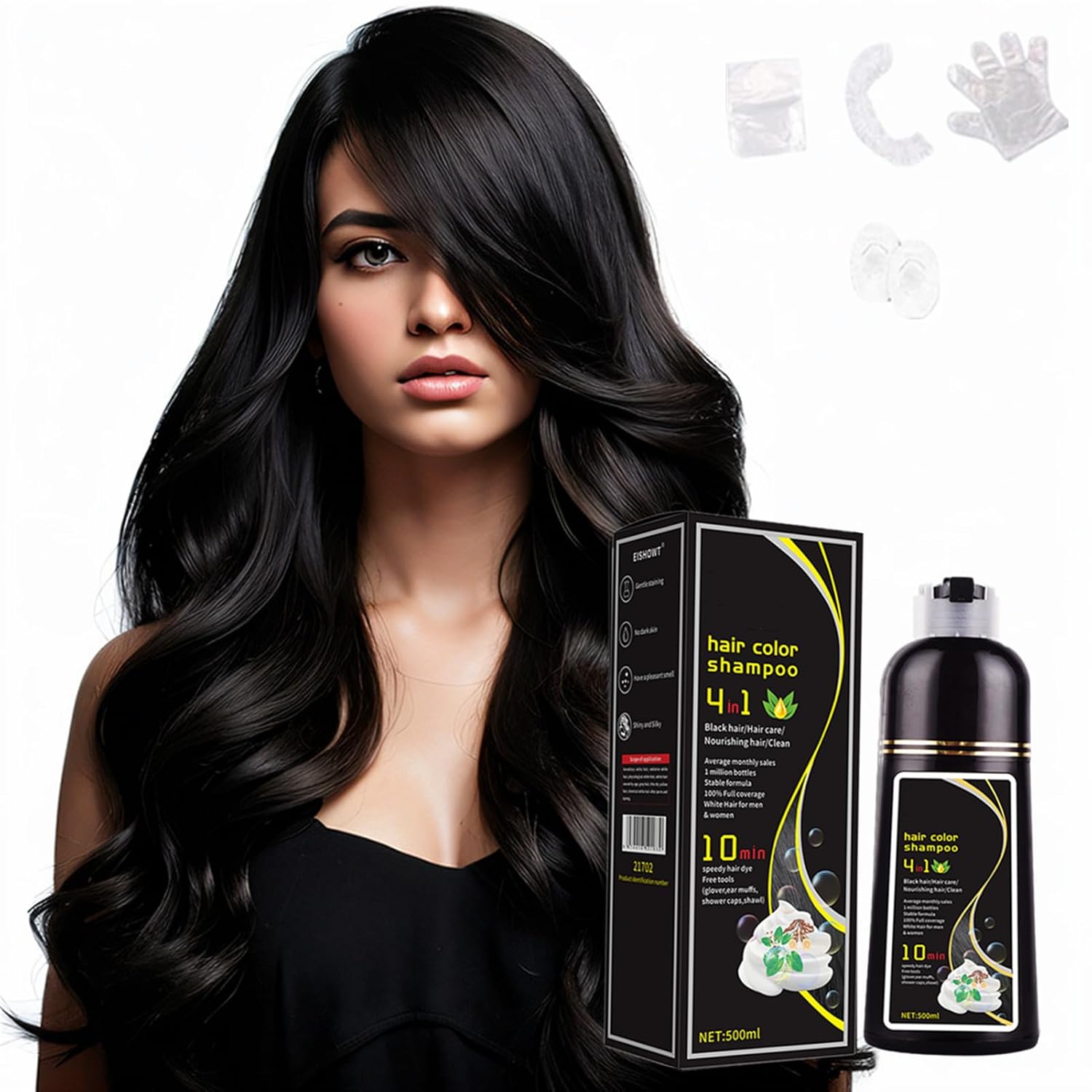 Hair Dye Shampoo 4 in 1, New Upgraded Hair Dye Shampoo Fast Hair Color Shampoo, 100% Gray Hair Coverage for Women & Men, Easy to Use at Home (Black)