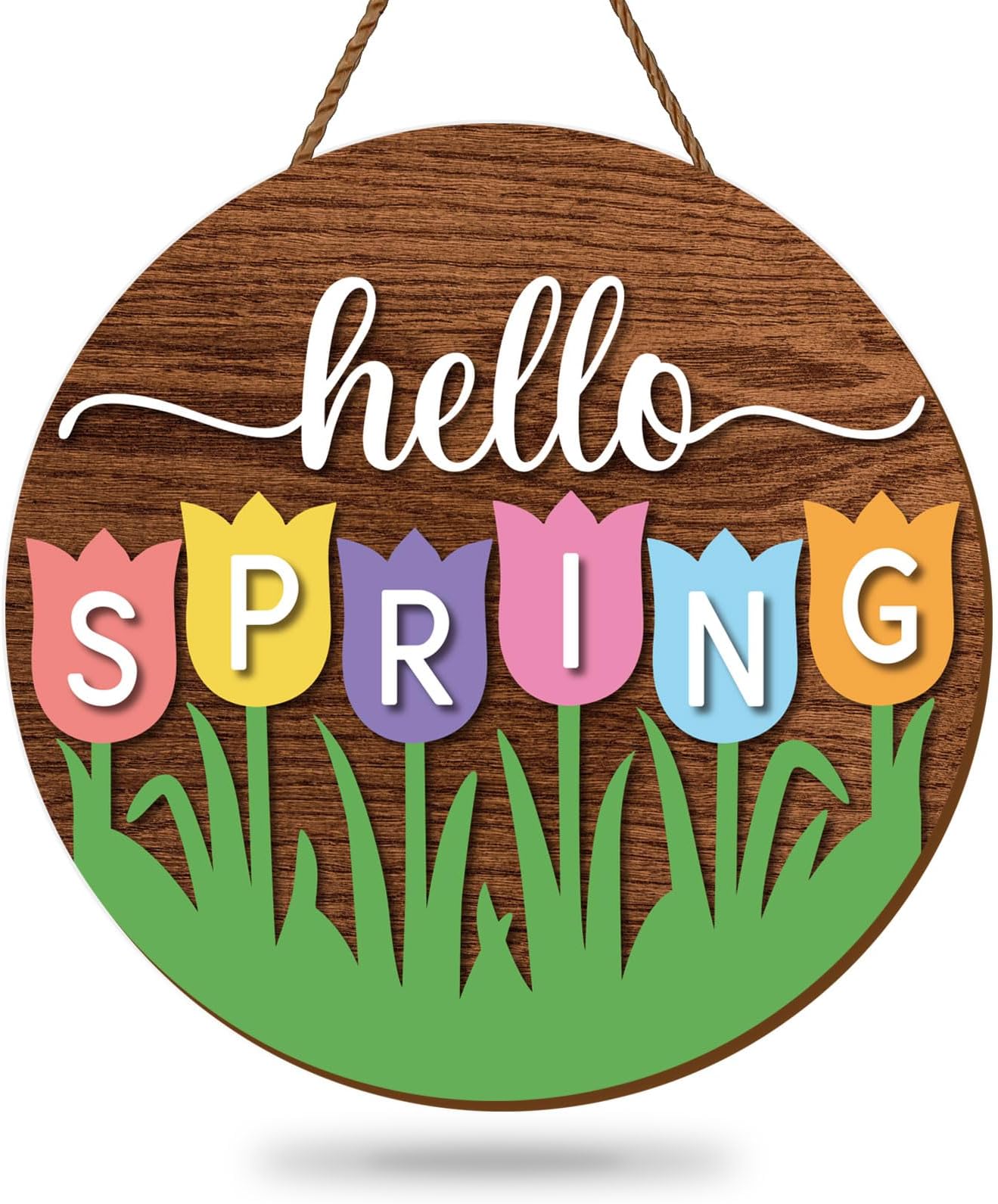 Whaline Hello Spring Wooden Hanging Sign Rustic Tulip Flower Front Door Hanger Sign Farmhouse Floral Wood Welcome Wreath for Indoor Outdoor Home Porch Window Decor
