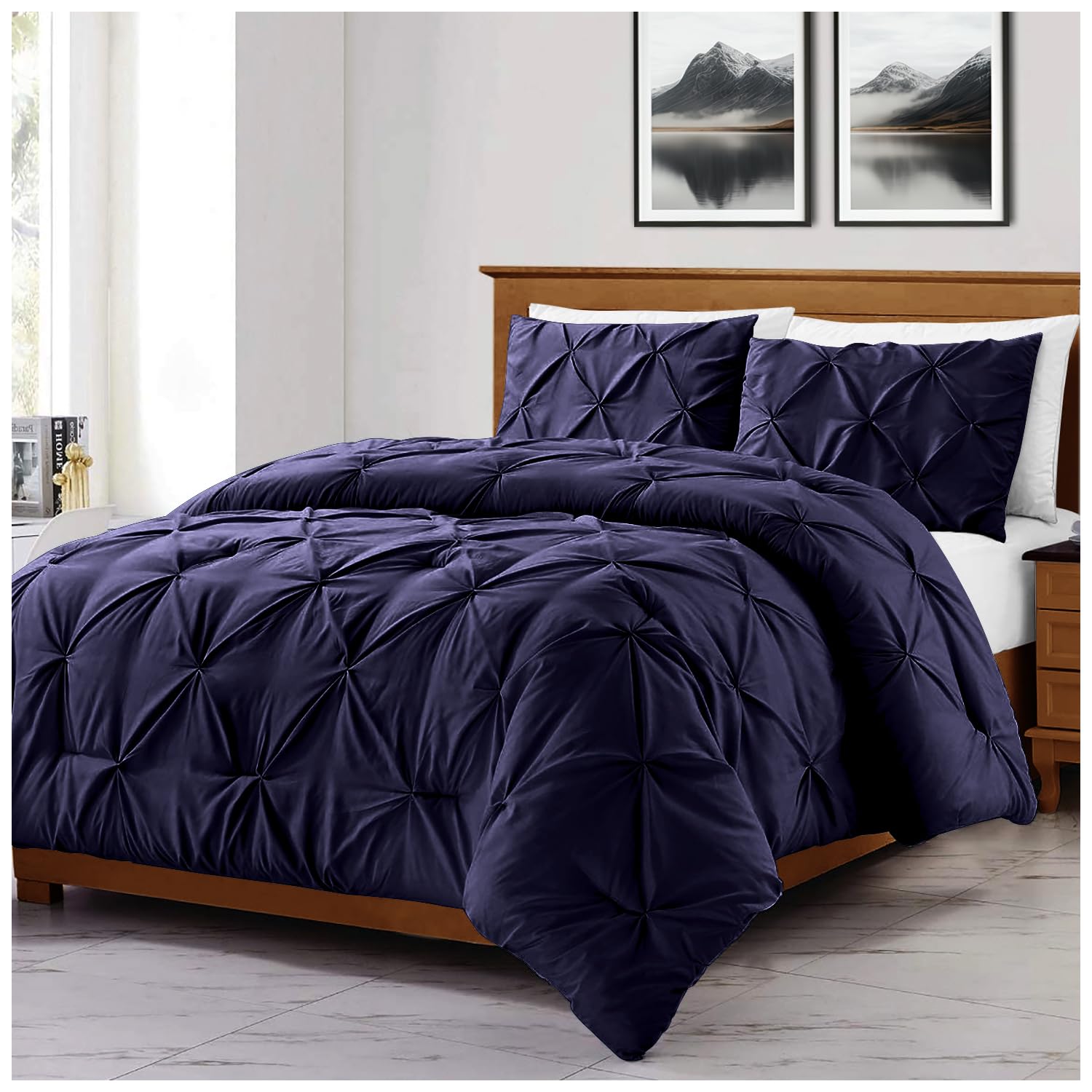 Gc Gaveno Cavailia Navy Diamond Superking Size Duvet Cover Sets | Pleated Quilt Covers Bedset With Matching Pillowcases | Polycotton Pintuck Bed Linen Set |