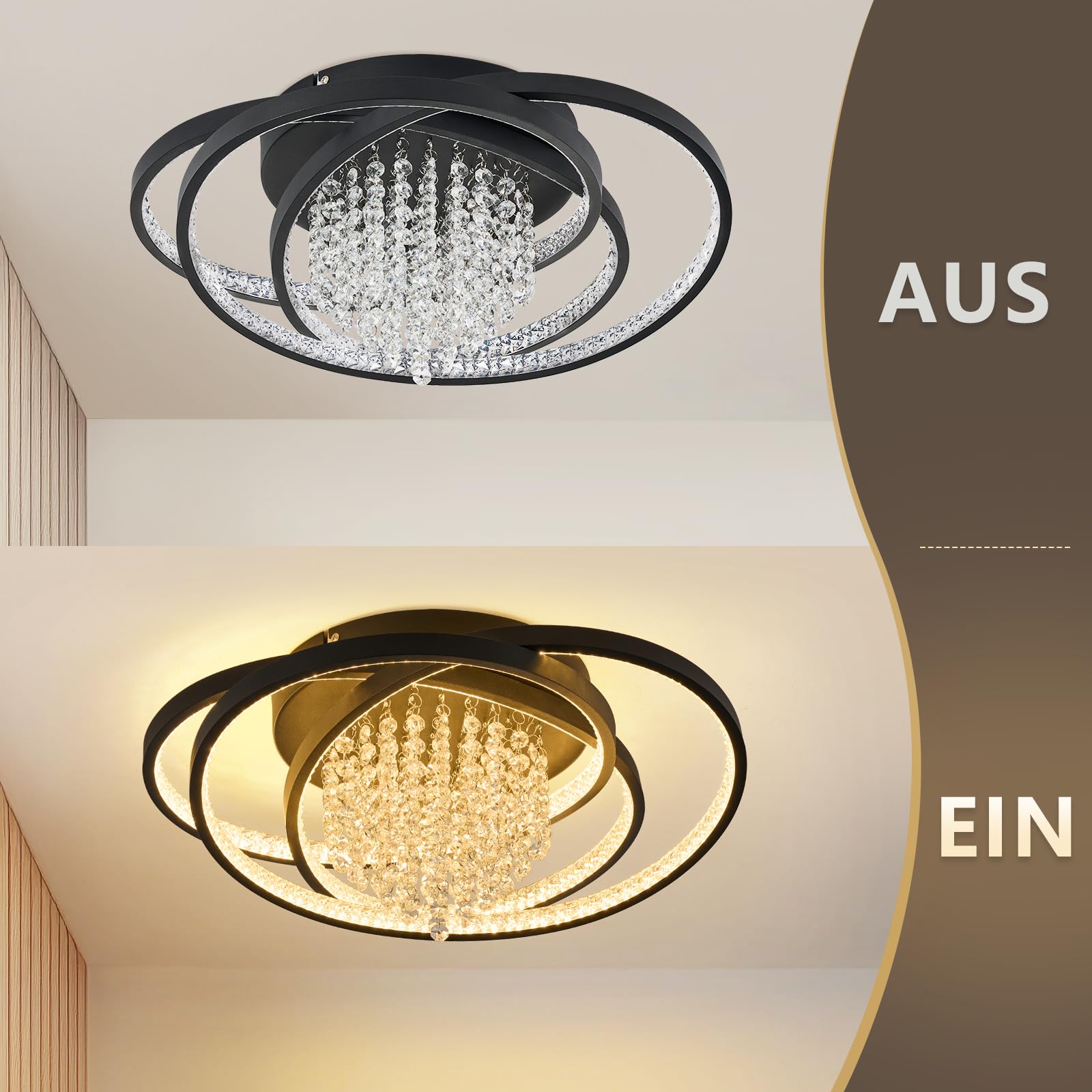 ZMH Deckenlampe Kristall LED Deckenleuchte Wohnzimmer Morden Schwarz | Wohnzimmerlampe 40W 3000K Warmweiß Licht Schlafzimmerlampe Groß Kristalleffekt Design Schlafzimmer Lampe Decke Esszimmer