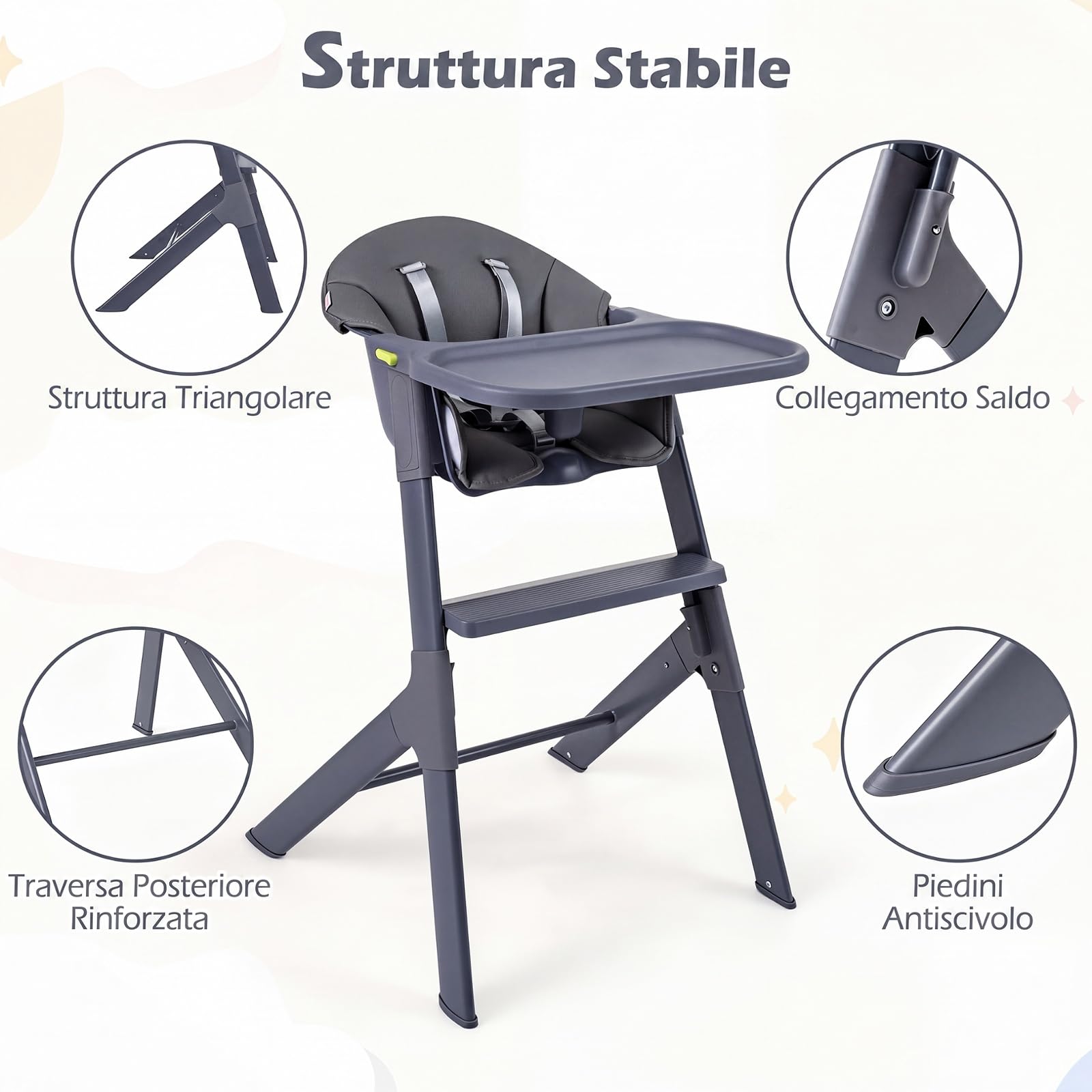 COSTWAY Seggiolone Pappa Evolutivo per Bambini 6-36 Mesi, Lavabile | Sedia Portatile con Vassoio Regolabile, Cuscino Imbottito e Cintura di Sicurezza, Telaio in Metallo, Portata 15 kg