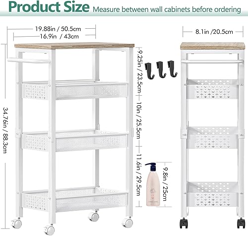 Miniatura 4 de Carrito de Almacenamiento Utilitario Delgado con Ruedas, Carrito Rodante Pequeño de 4 Niveles con Superficie de Madera, Carrito Organizador de Metal