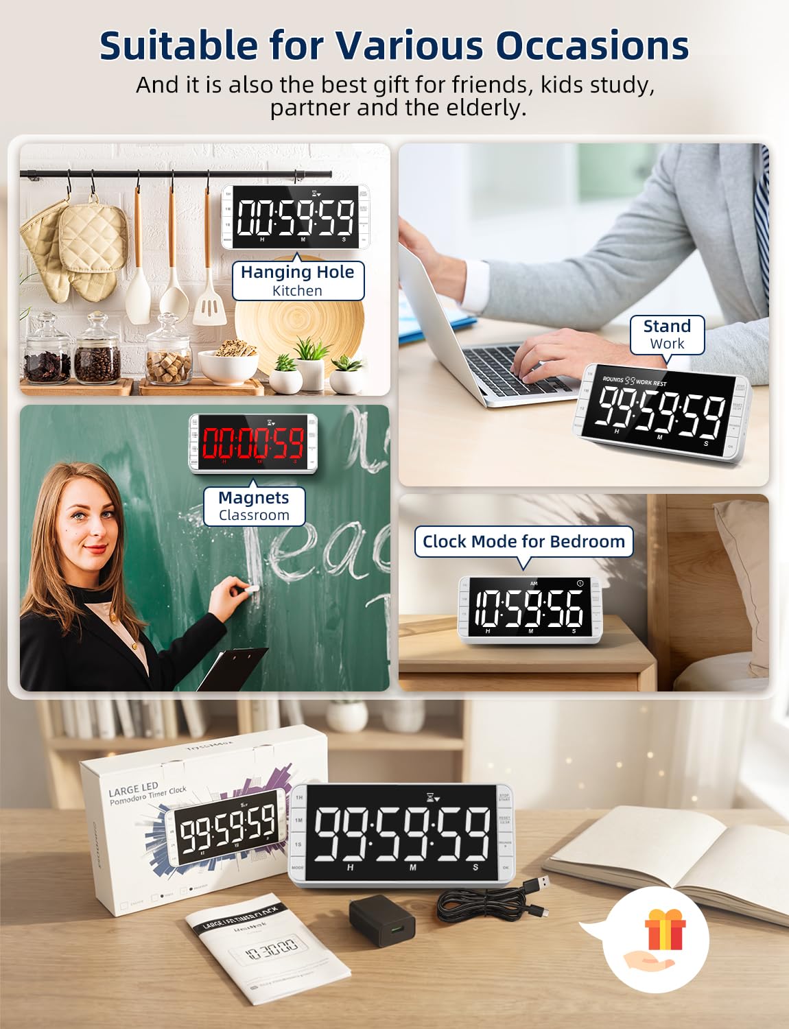 Timer Kuchenny: Odliczanie/w górę 99H 59M 59S, Ładowalny, LED 7,8'', 3 jasności, 5 alarmów, 4 poziomy głośności, magnetyczny, do klasy