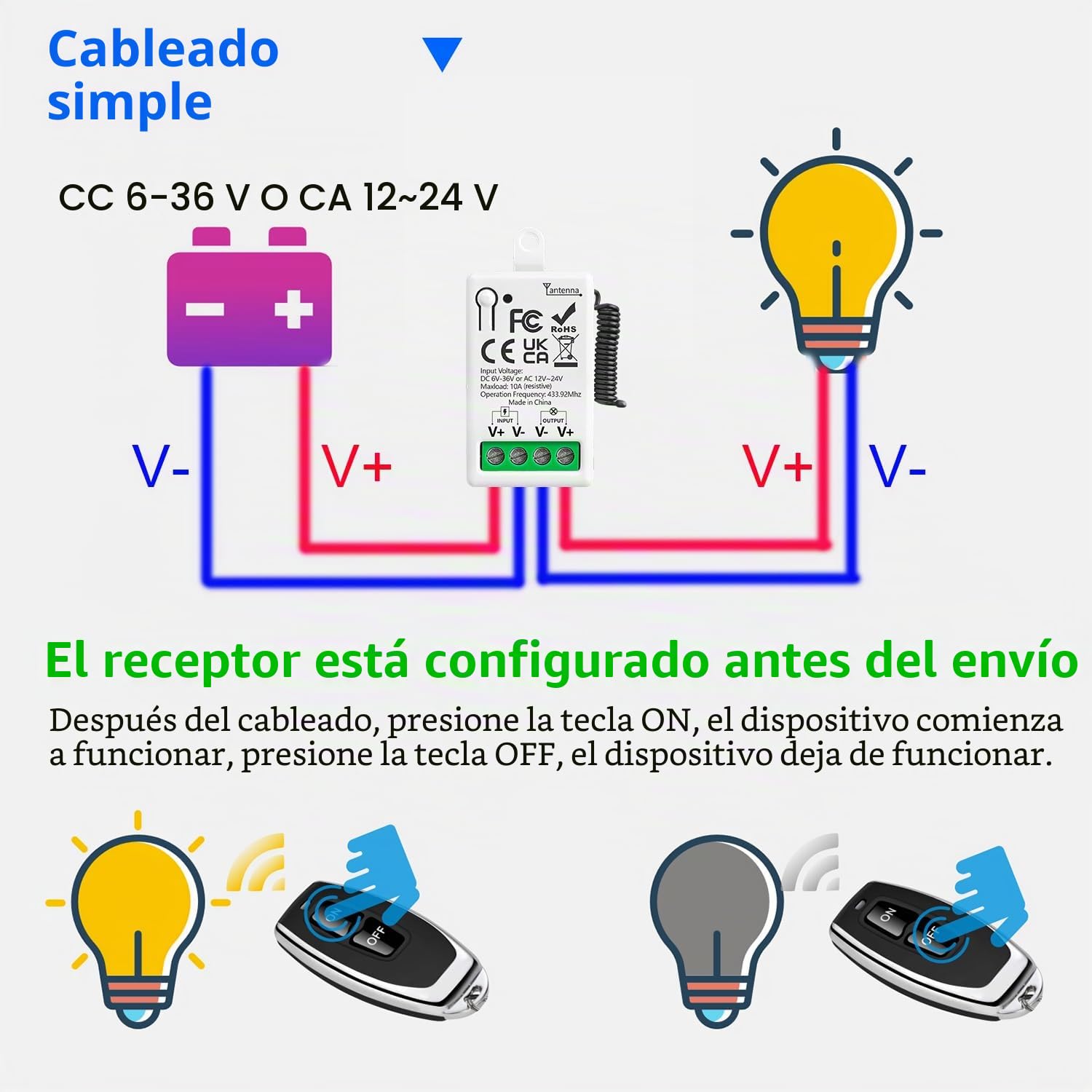 Interruptor de control remoto inalámbrico de 433 MHz CC 6V 24V 36V CA 12V 24V 10 A receptor de relé y 2 transmisor para iluminación LED de electrodomésticos