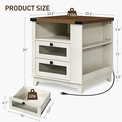 Miniatura 2 de Mesa auxiliar de granja con estación de carga, mesa auxiliar de sofá grande de 24 pulgadas con luz LED y 2 cajones, mesita de noche cuadrada con