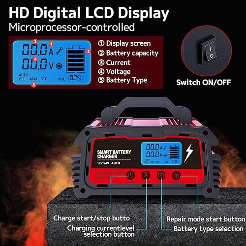 Miniatura 5 de LVYUAN Cargador de batería inteligente de 25 A, cargador automotriz de 12 V (51025 A) y 24 V (510 A), mantenedor de batería con pantalla LCD,
