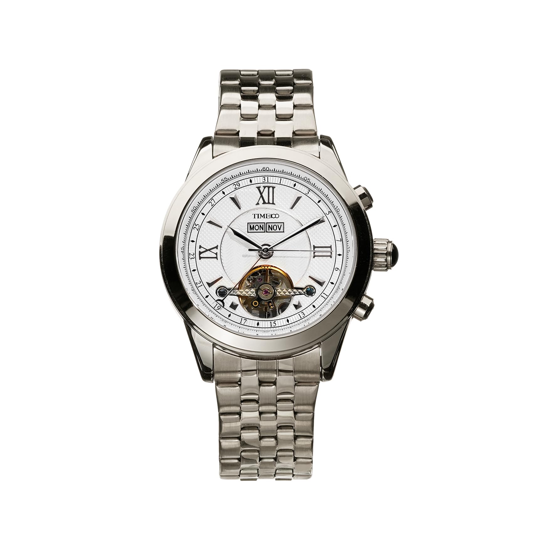TIME100 Relojes Automáticos Mecánicos para Hombre con Diseño Skeleton, Correa de Acero o Cuero, Calendario Multifunción y Resistencia al Agua