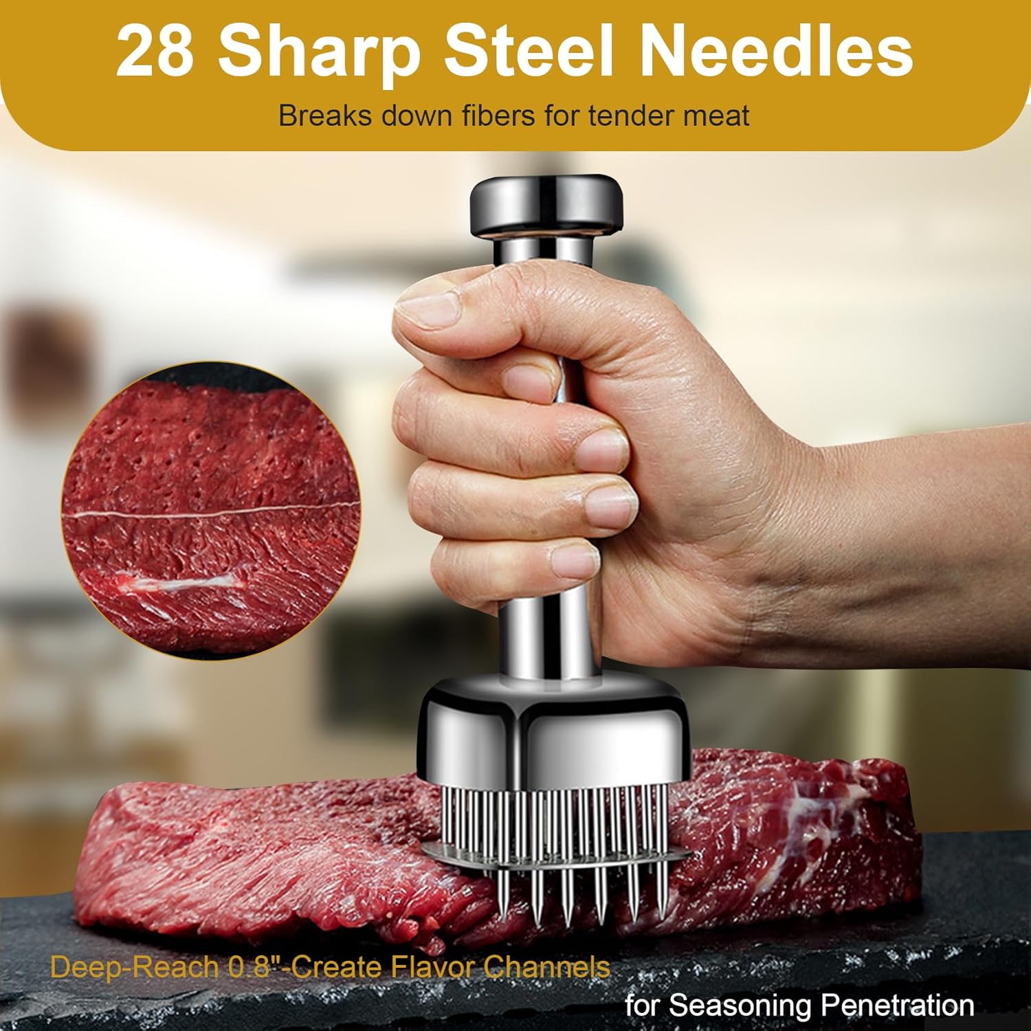 Meat Tenderizer Tool 304 Stainless Steel – 28 Needles for Faster Tenderizing, Square Head Covers More Area, Retractable Safety Guard – for Beef, Turkey, Chicken, Steak – Dishwasher Safe