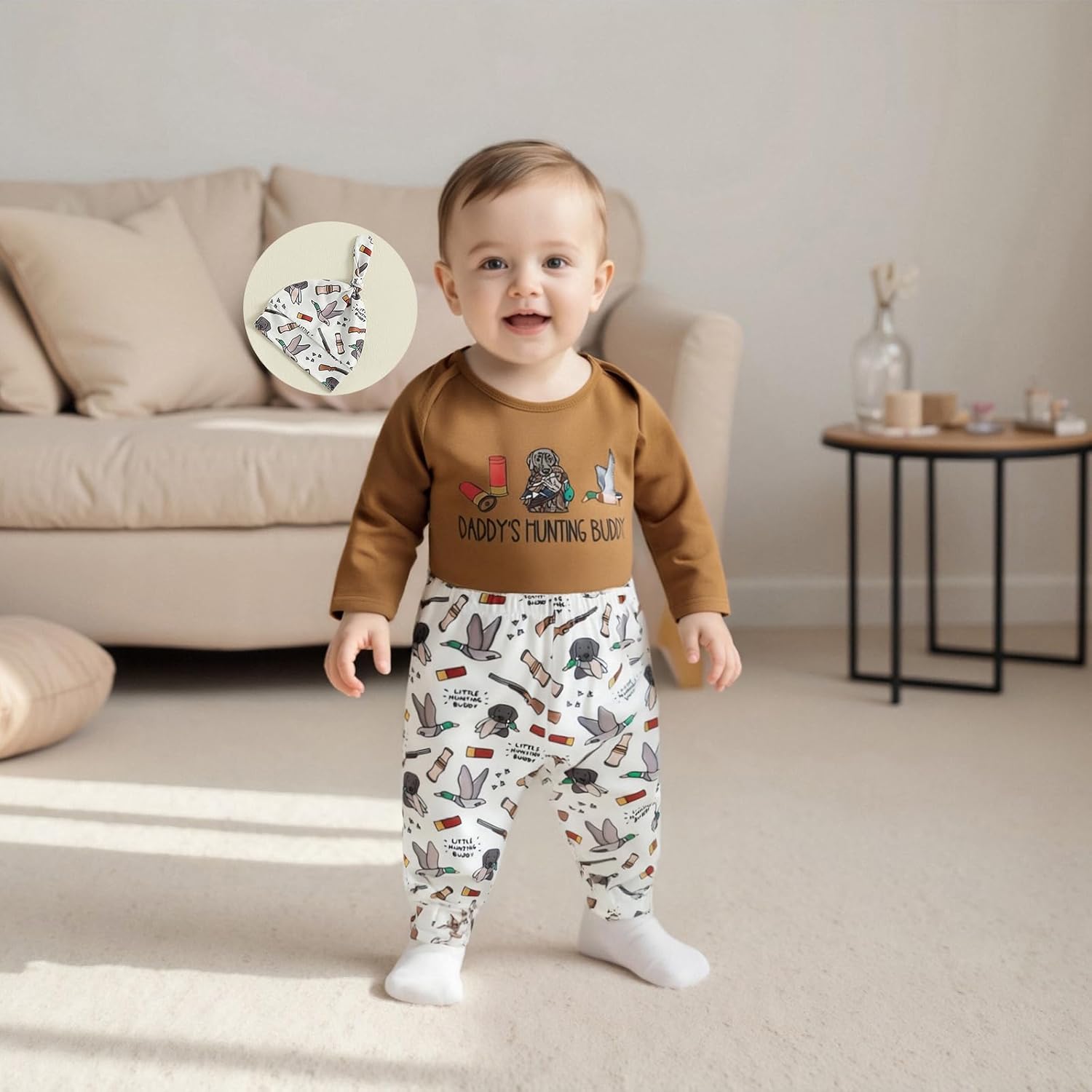 BULINGNA Newborn Baby Boy Daddy's Hunting Buddy Outfit Long Sleeve Bodysuit Romper with Pants Hat Hunting Season Clothes - Image 2