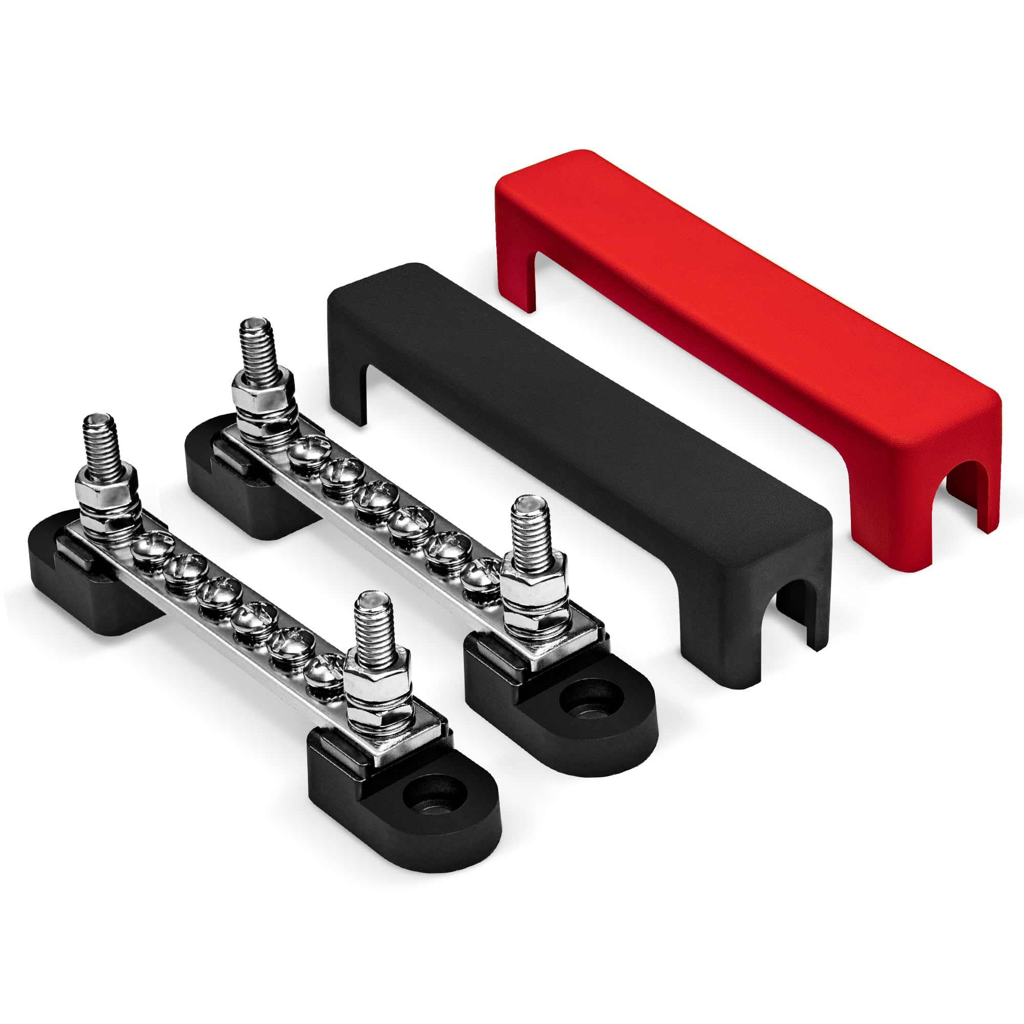 True Mods 12V 4" Ground/Power Distribution Terminal Block Battery Bus Bar Set [Max 300V AC/48V DC] Negative/Positive Insulated Busbar for Auto Marine Car Trailer RV Boat Motorcycle UTV ATV - Black/Red