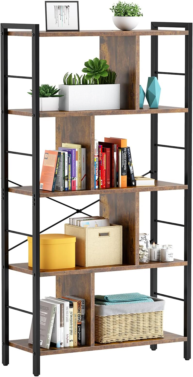 ArmocityBookshelf, 5 Tier Tall Bookcase Industrial Wood Metal Standing Book Shelf Unit with Open Shelf, Display Shelf Storage Organizer for Bedroom, Living Room Home Office, Rustic Black