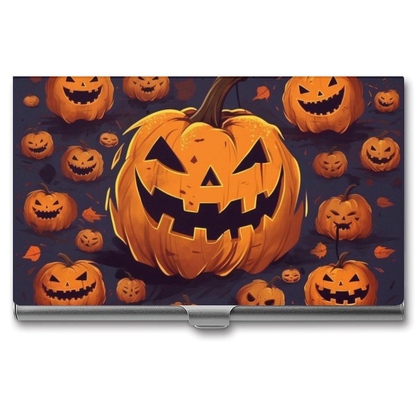 Lpsadgf Men's Halloween Pumpkin Business Card Holder Slim - Metal Aluminum Alloy Credit Card Holder Case, Professional Flip Cover Business Cards Organizer Wallet For & Wo (Buckle Style)