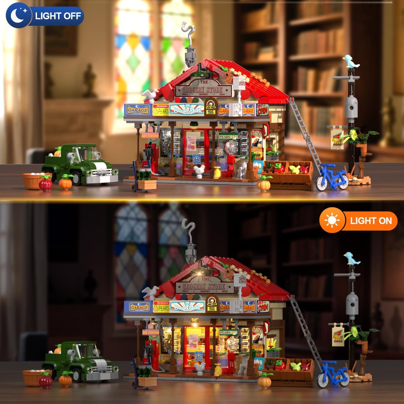 Country General Store Building Set for Adults with Lights, 1709 PCS Vintage Shop House Construction Building Block Kit, Home Decor Cabin Architecture Model for Women Men Teens Boys Girls 12+