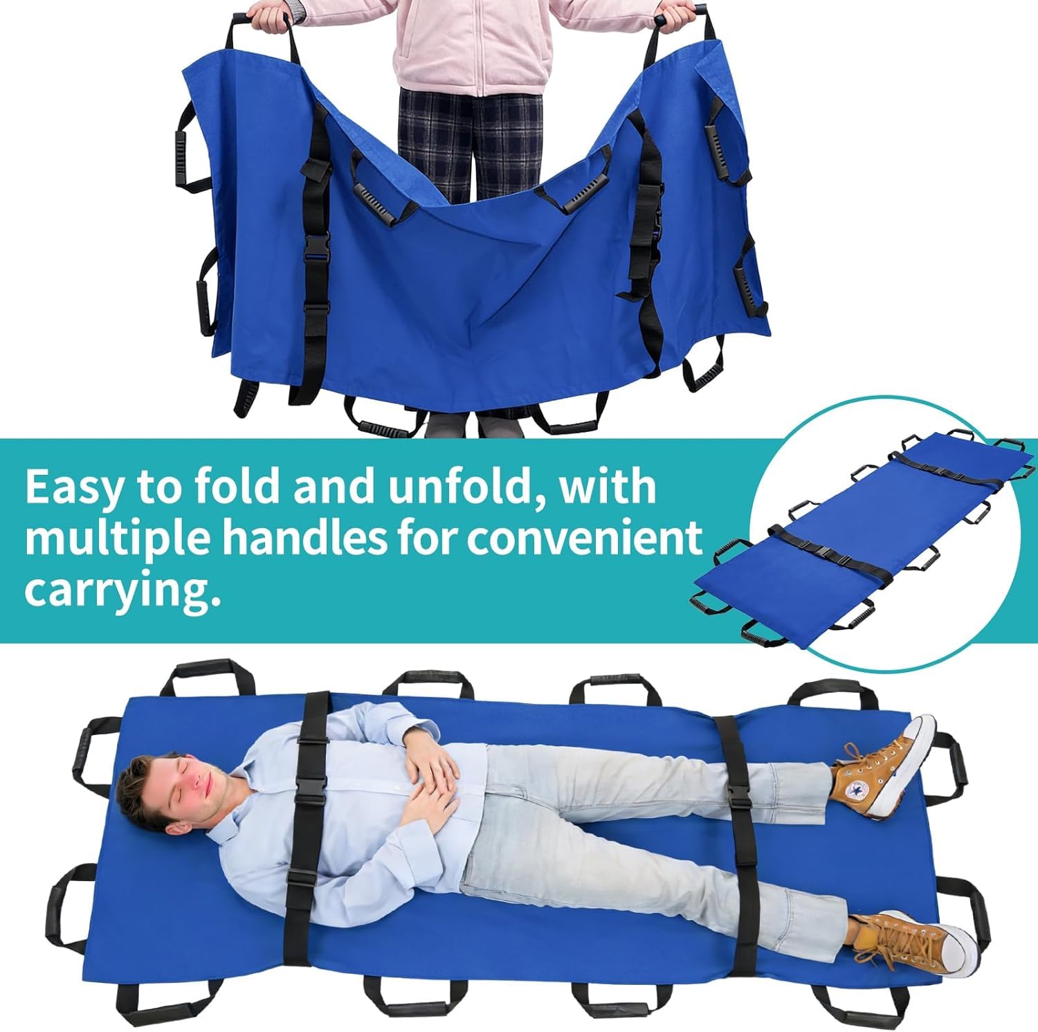 Tragbare Transporttrage mit 12 Gummigriffen und Tragetasche – Hundetrage und Trage, geduldiger Tiertransporter for die Notfallevakuierung von Verletzten, 400 Pfund Kapazität(Blue,2pack)