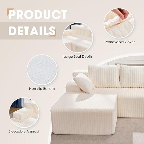 Miniatura 8 de Sofá modular en forma de L, de 3 asientos, espuma viscoelástica, para sala de estar, sofá estilo nube con diván, de gran tamaño, blanco, rayas,