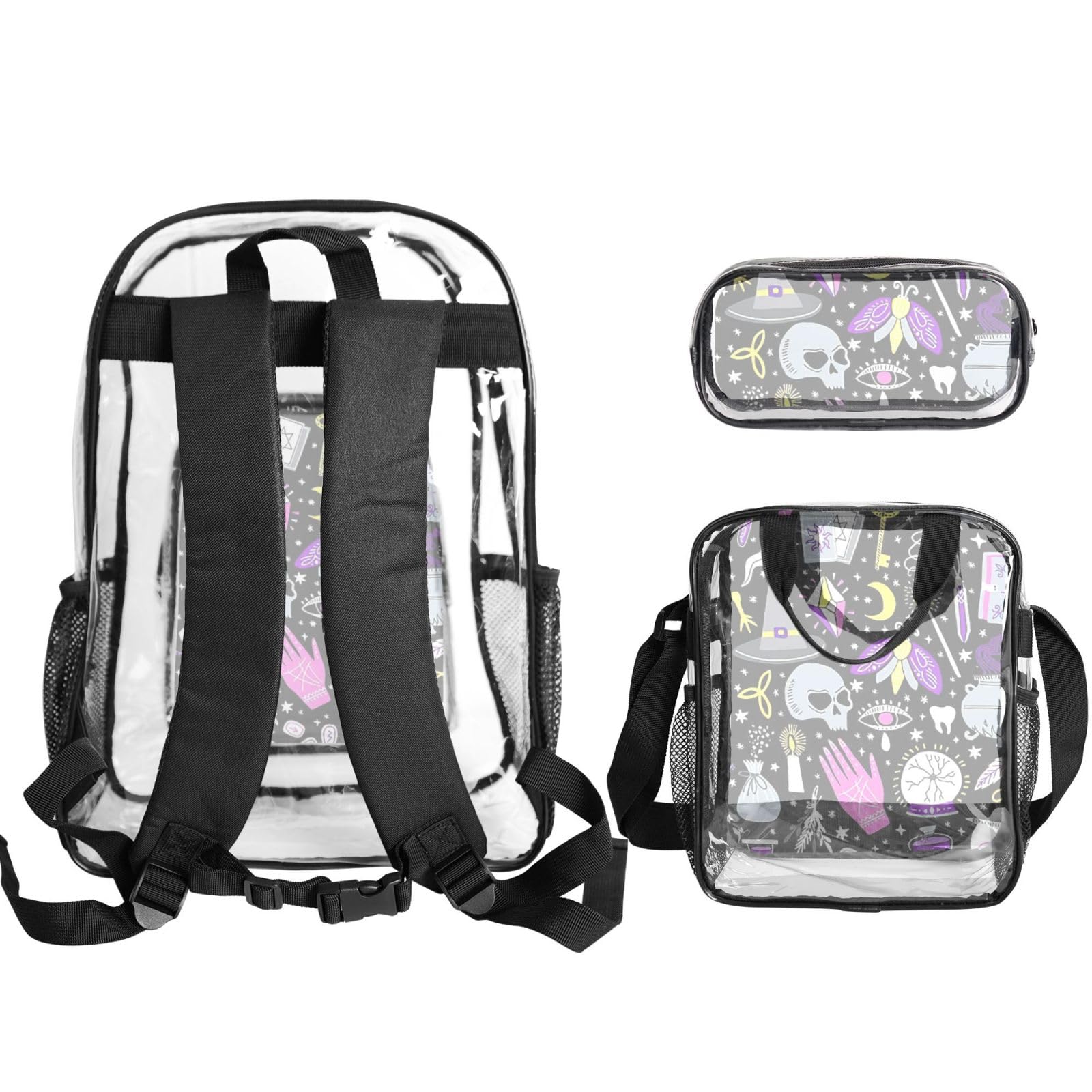 Magiczna czarownica czary bohema rysunek nadruk unisex 3-częściowy przezroczysty plecak zestaw torba na lunch do szkoły podróży na świeżym powietrzu sport