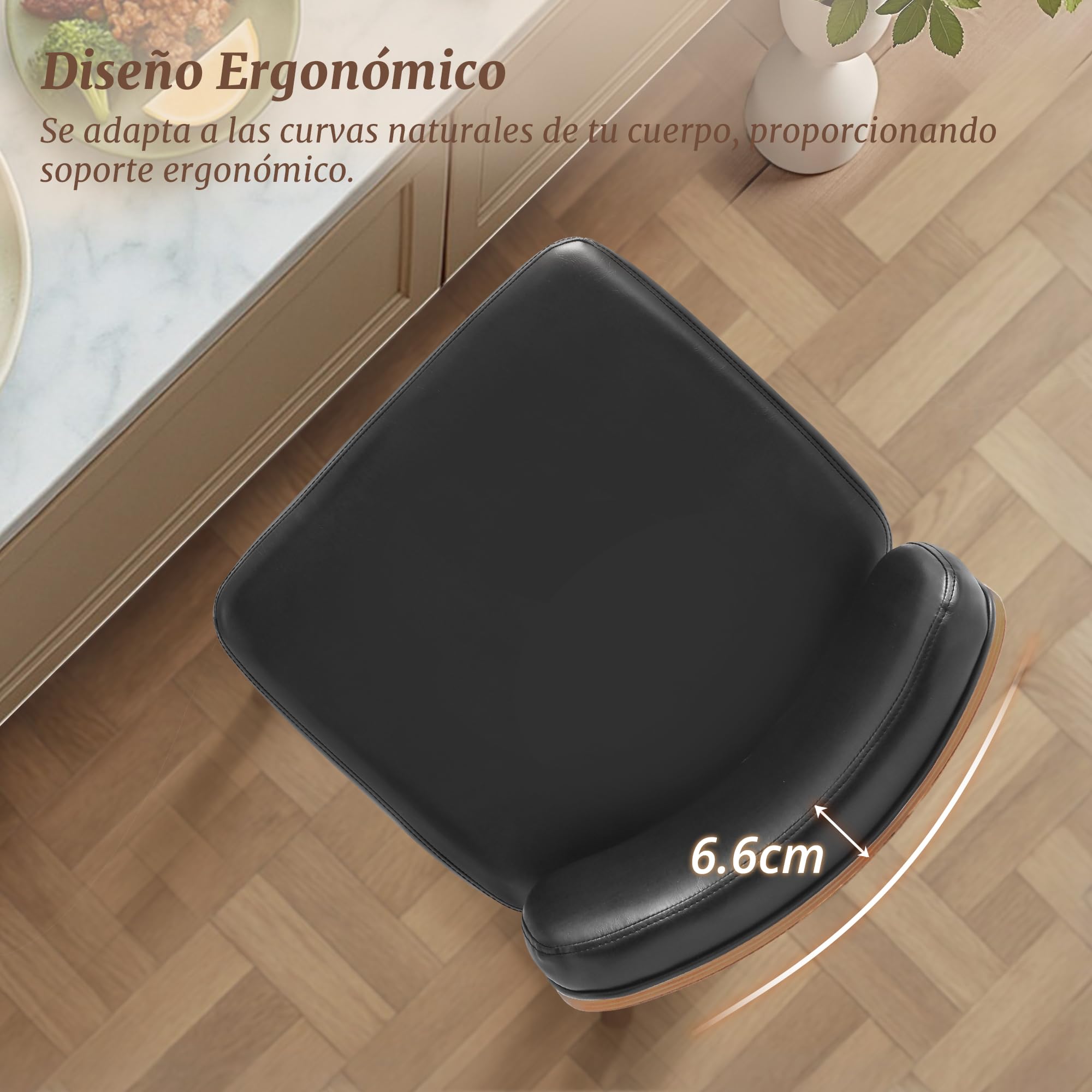 LUE BONA Juego de 2 Taburetes Altos de Cocina Madera,360°Giratorio 66cm Taburete de Bar con Reposapiés y Respaldo,Estructura de Madera Taburetes Cocina,para Cocina,Salón,Comedor,Bar,Negro