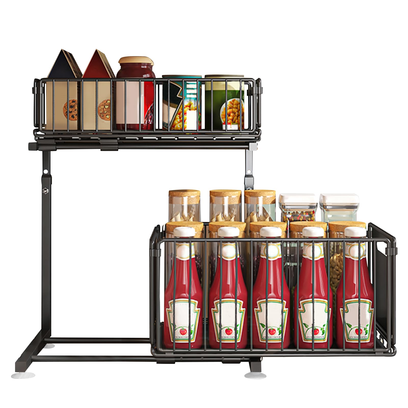 LANTUS Rangements sous Evier 2 Niveaux Organisateur Coulissant,Paniers Coulissants, Empilable,Étagères pour Placard Meuble Cuisine Salle Bain,26,5 x 38 x 48,5 cm (Noir)