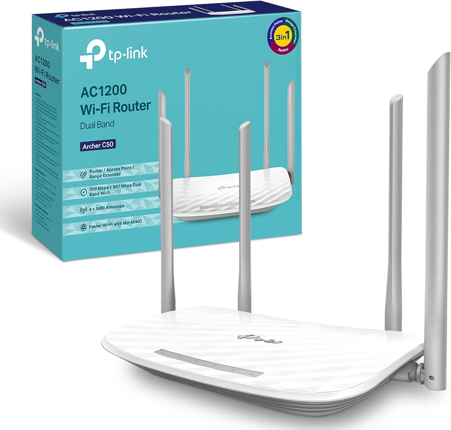 TP-Link AC1200 Wireless Dual Band Wi-Fi Router, Wi-Fi Speed Up to 867 Mbps/5 GHz + 300 Mbps/2.4 GHz, 4+1 Fast Ports, Single-Core CPU, Parental Control, Easy setup (Archer C50)