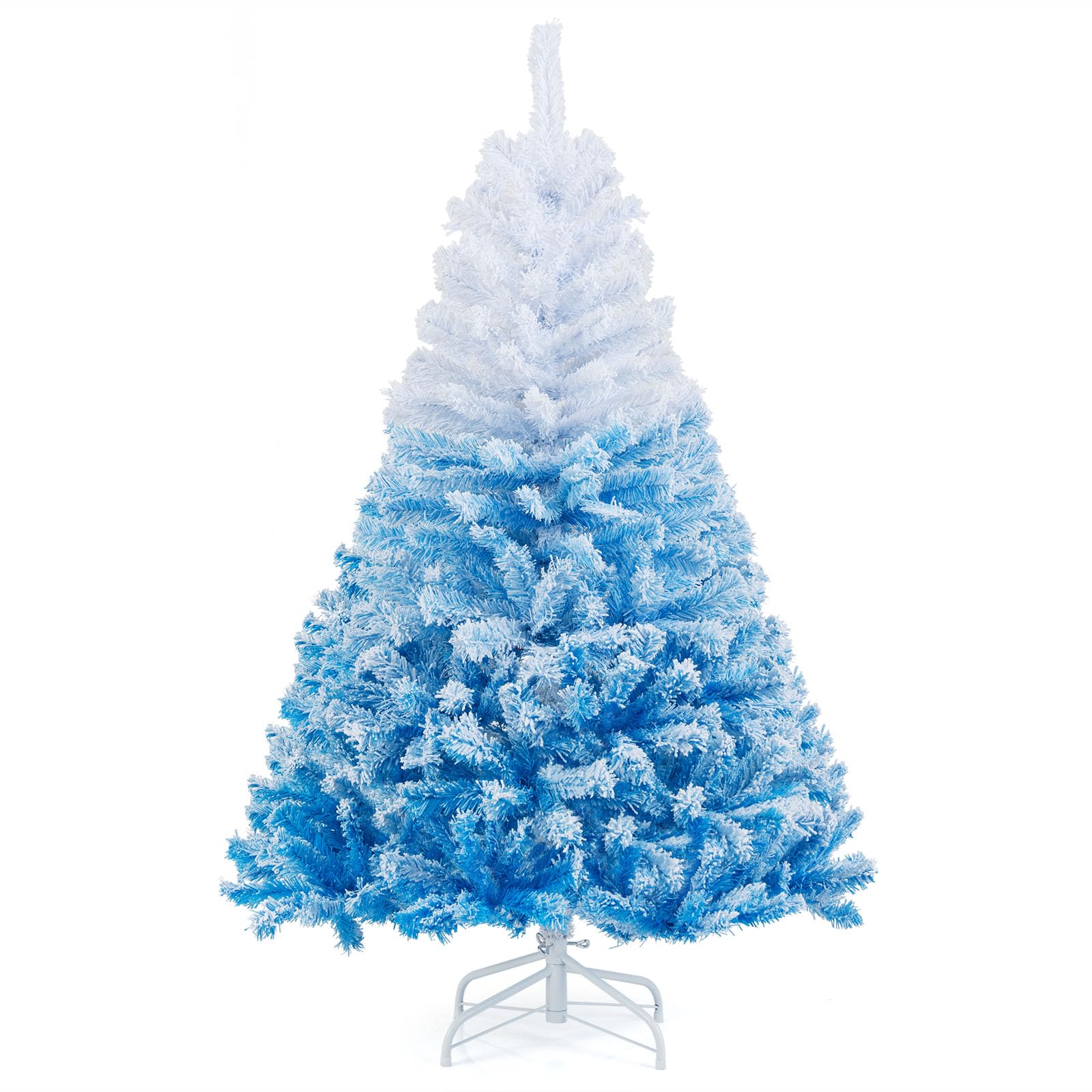 Goplus 5 FT Snow Flocked Christmas Tree, Artificial Unlit Hinged Xmas Full Tree with 456 Lush Branch Tips, Foldable Metal Stand, Home Office Decoration, Blue Gradient & White