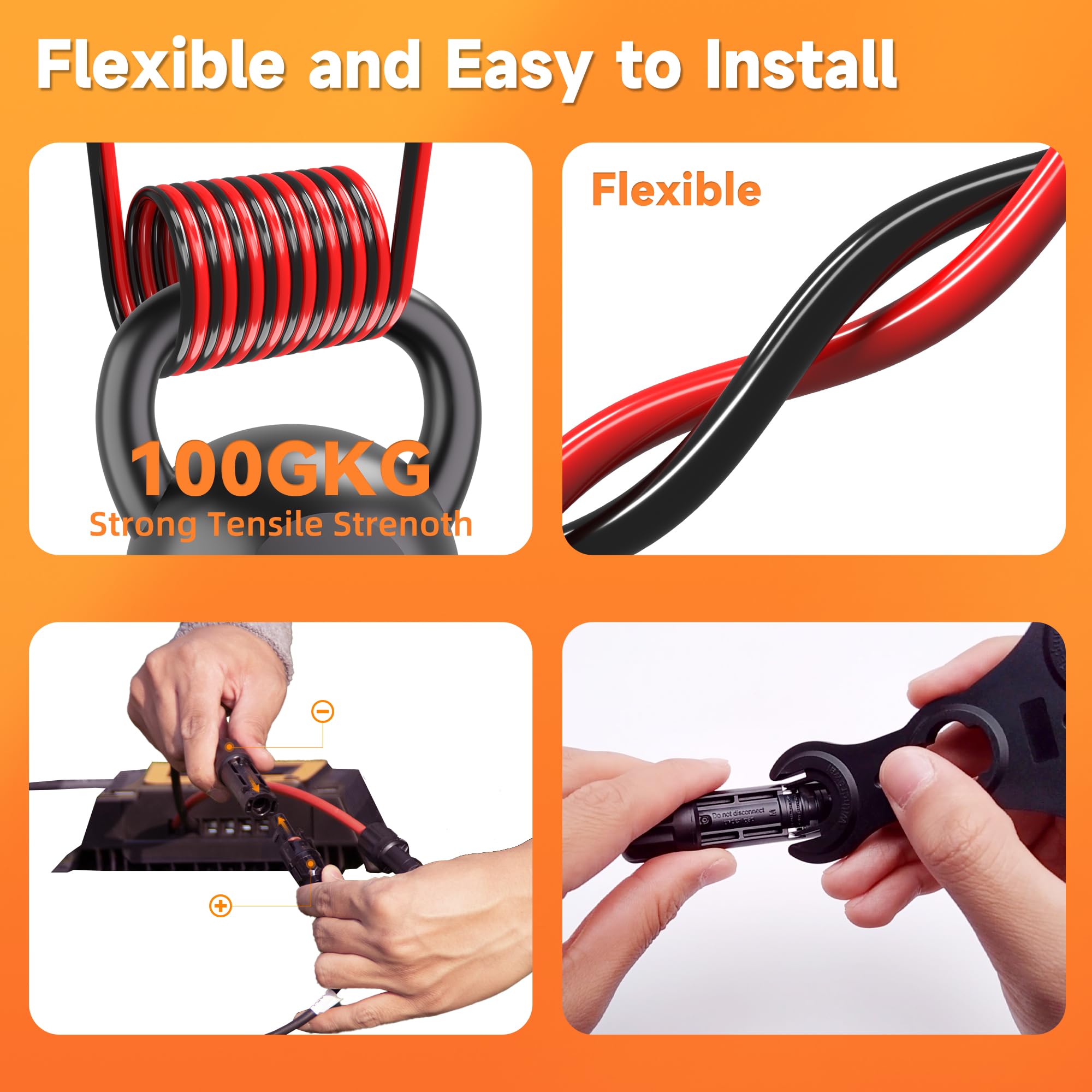 SJZSUNRUN - Cable de extensión solar de 10 AWG de 328 pies (negro) de 6 mm², cable fotovoltaico con 4 conectores impermeables IP68 para paneles solares, marina, sistemas fotovoltaicos,