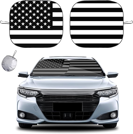 Kewucn 2 PCS Car Windshield Sun Shade, Foldable Sunshade for Front Window and Interior Protection, Windshield Shade for Sun Heat and UV Rays, Black Flag (31''28")