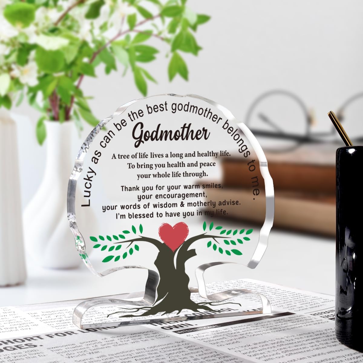 Godmother Gifts from Godchild, Birthday Gifts for Godmother from Goddaughter Godson Appreciation Thanks You Gift for Godmom Acrylic Tree Desk Signs Plaque Home Decor - Image 3