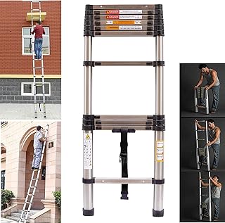 Stainless Steel Telescopic Portable Adjustable Folding Extension Ladder 3.2M - EN131 Certified - Lightweight Compact Multi-Purpose Telescoping Extendable Non-Slip - 330 lbs Max Capacity Small Gift