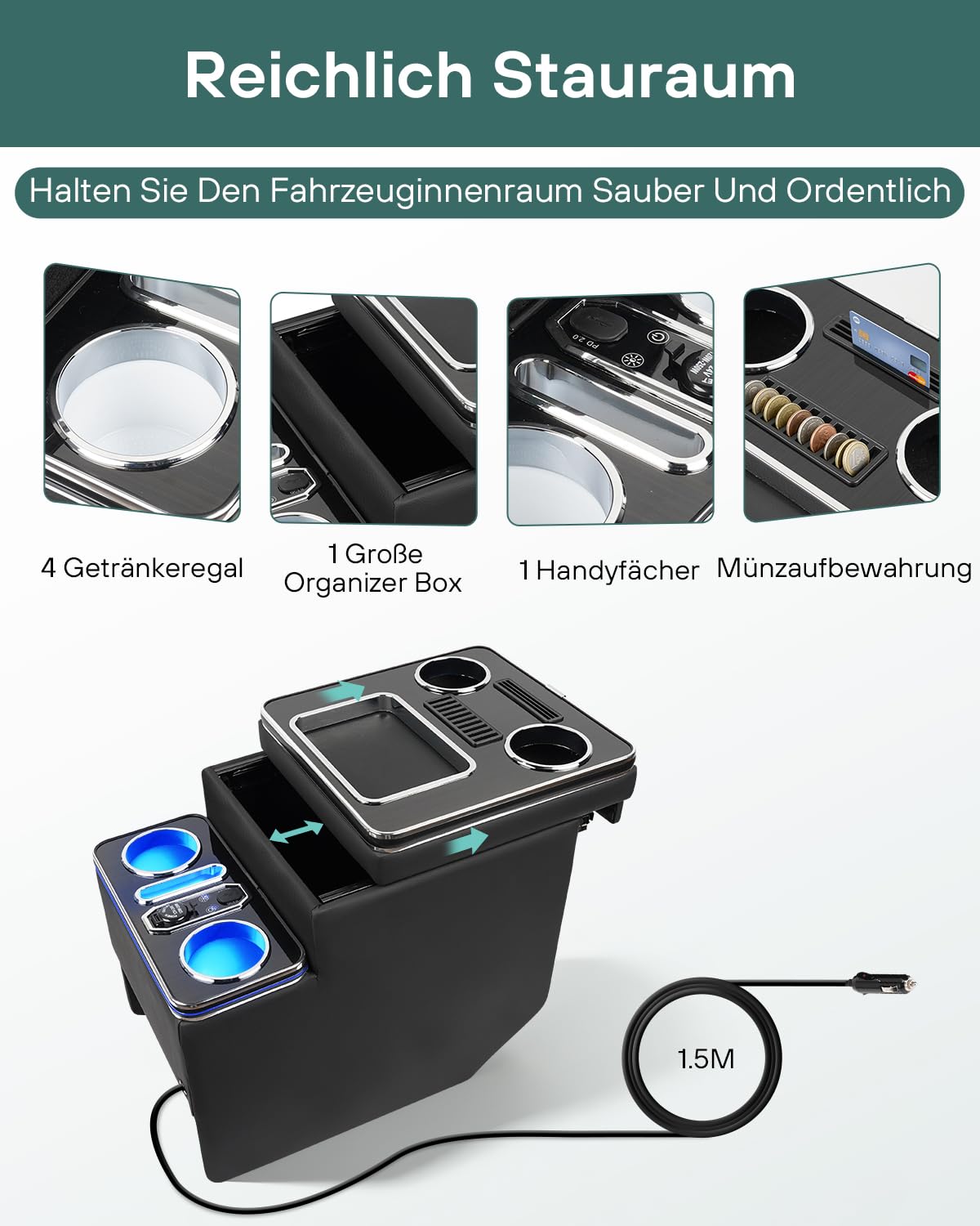 Mittelkonsole Auto Für V-Klasse V220 V250 V260 W447, Mittelkonsole Organizer Auto mit 7 Farben LED-Leuchten, USB und Getränkehalter, Mittelkonsole Box mit Mehrere Stauräume