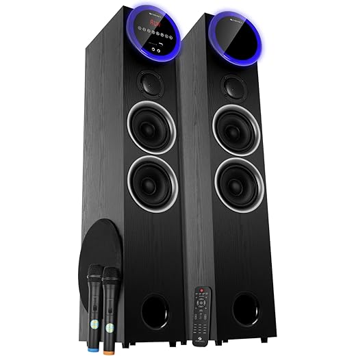 ZEBRONICS New Launch BTM9800RUCF 2.0 Tower Speaker, 200 Watts, HDMI ARC, Coaxial in, Supports Bluetooth, AUX, USB, SD, Karaoke, Dual UHF Wireless Mic, Bass & Treble Control, Powerful Bass