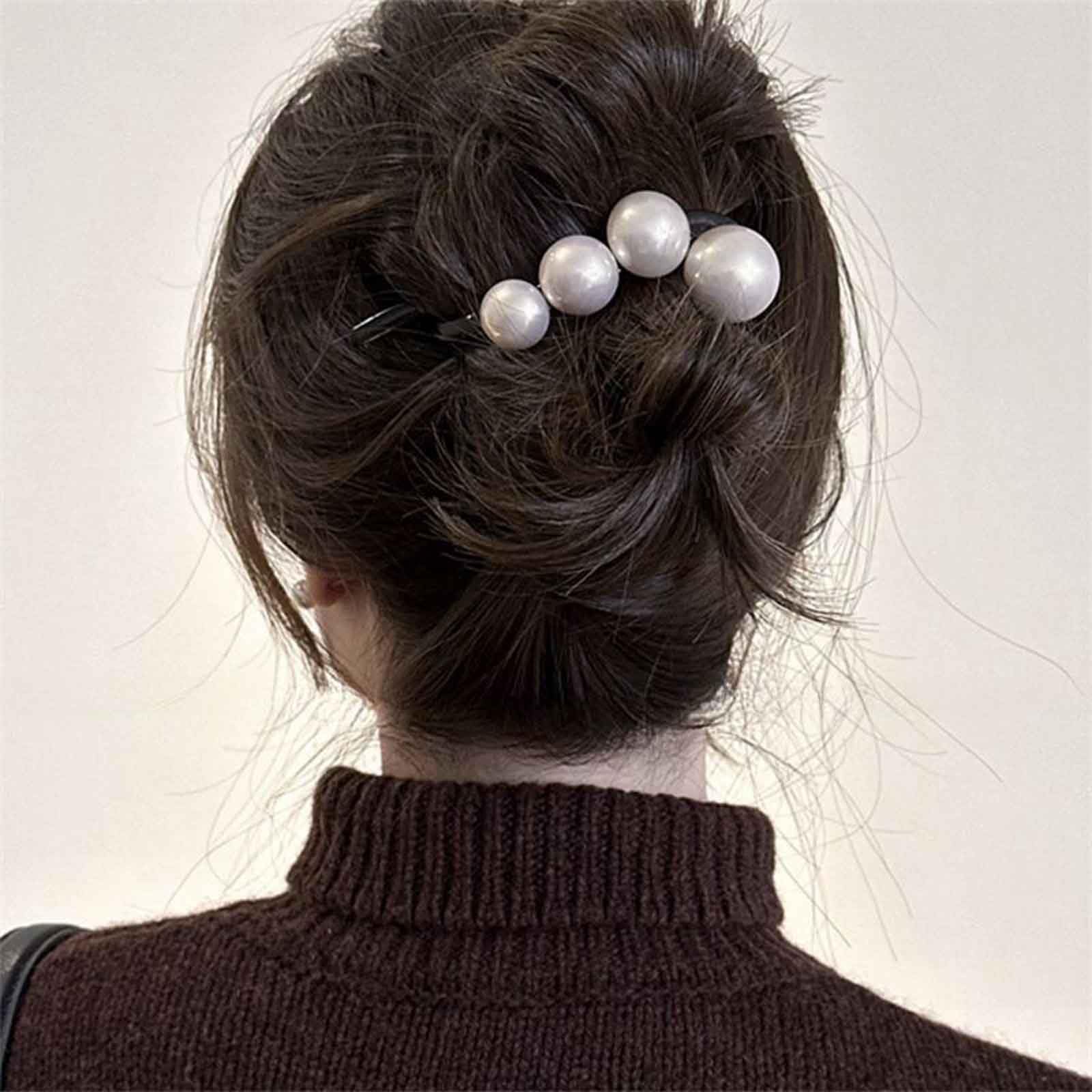 Enautoabs French Pearl Hair Clip Large Pearl Banana Hairclip Black Pearl Twist Hair Barrette Big Pearl Hair Claw Clips Non-Slip Hairclip Decorative Hair Accessories For Women Headdress - Image 2