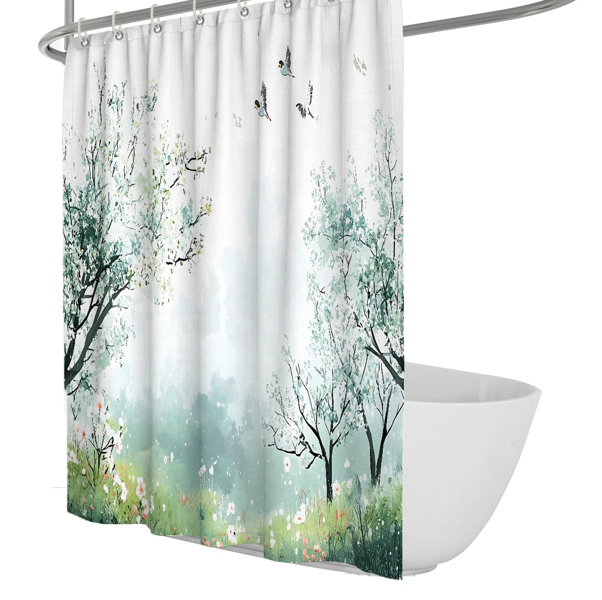 Nebliger mintgrüner Wald Naturwiese Duschvorhang W150xL200 cm