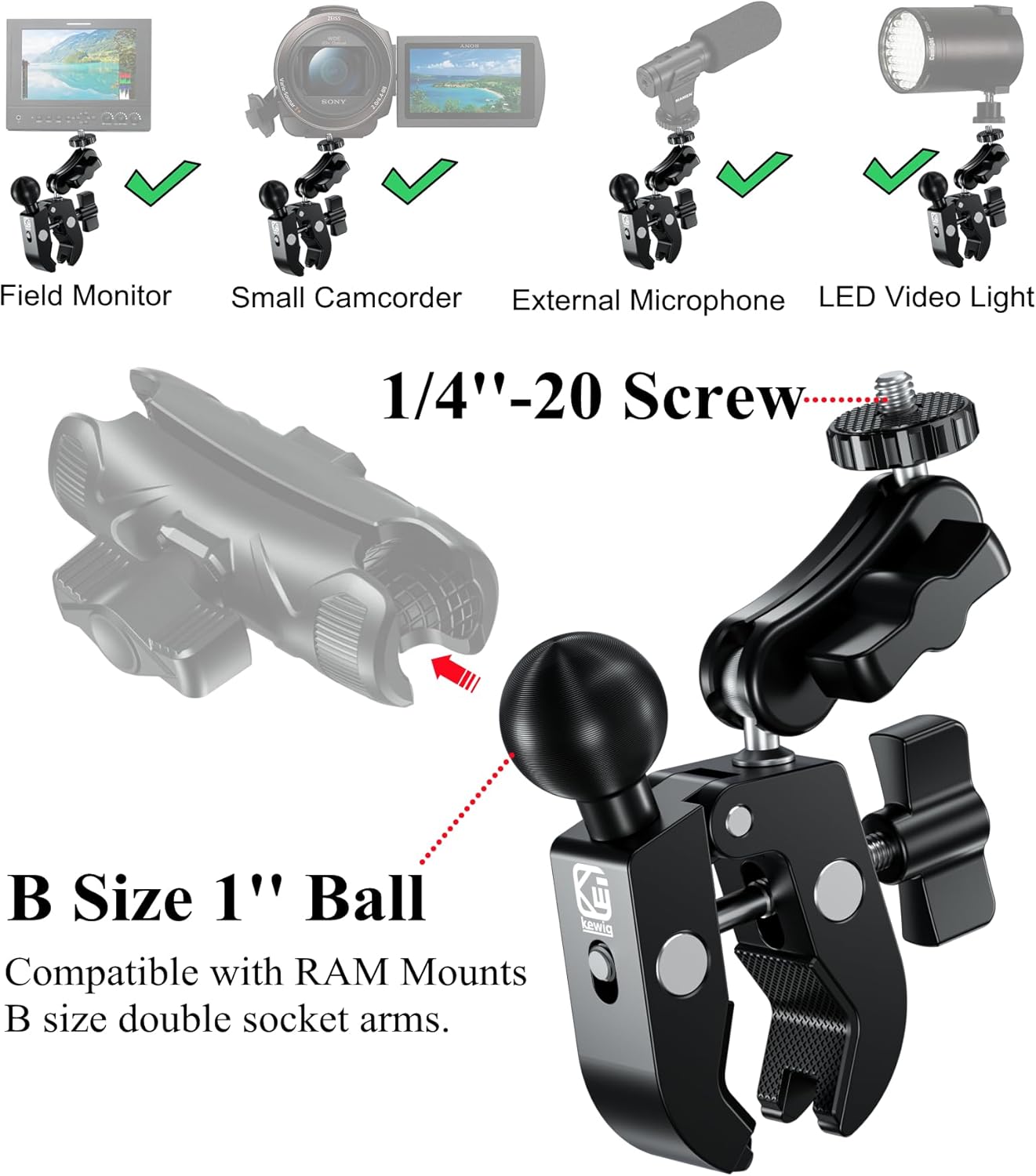 BRCOVAN Aluminum Alloy Clamp Mount for 0.5"-2" Rails, 12mm Ball, Tripod Mount Adapter, Compatible with Cameras and Camcorders