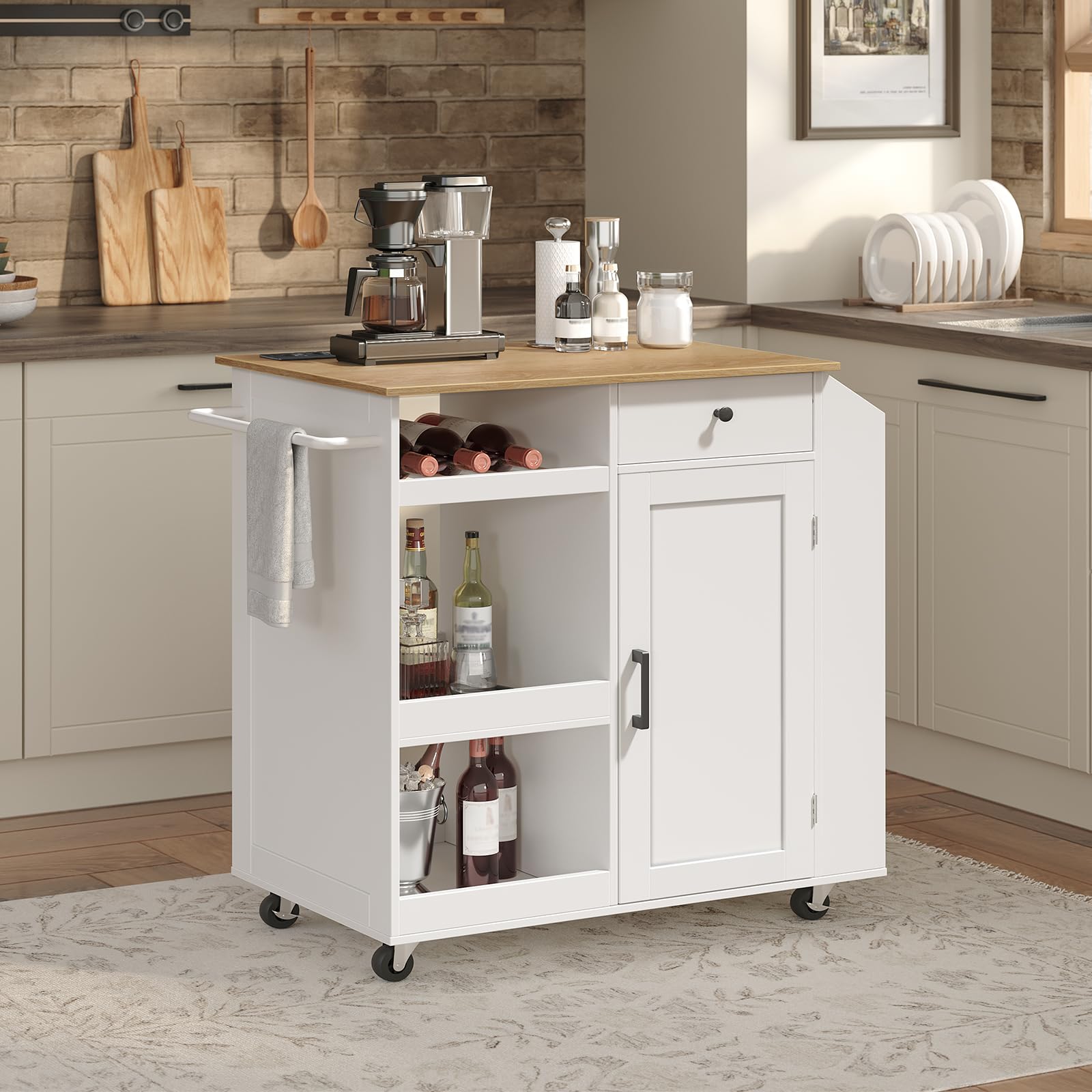 MAHANCRIS Carro de Cocina, Isla de Cocina, con Armario de Almacenamiento, Cajón y Especiero, Carrito Auxiliar con Enchufe Múltiple, para Comedor, Blanco y Natural AKINW122UE01